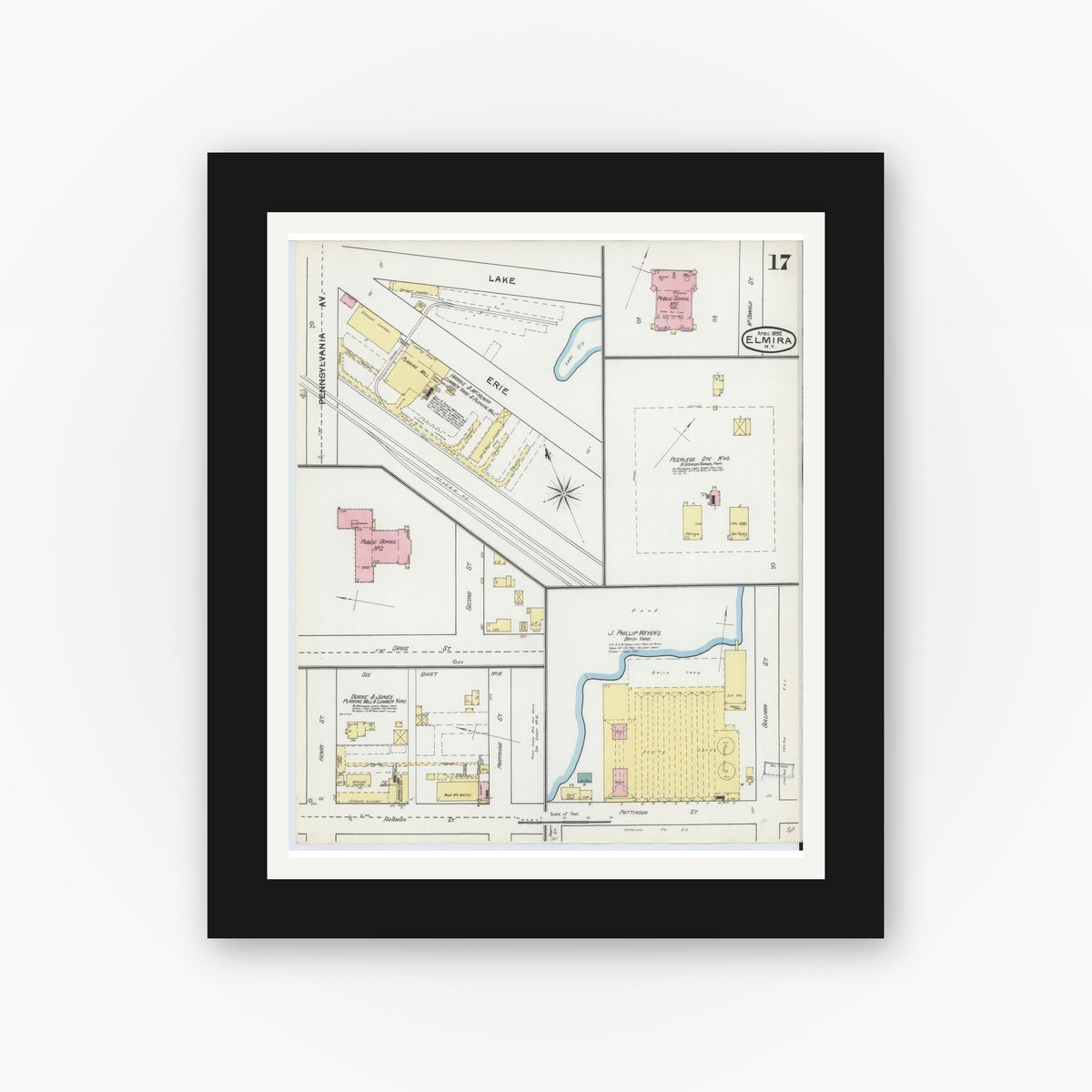 Old map wall art mockup — black gallery frame with white mat — Sanborn Fire Insurance Map from Elmira, Chemung County, New York (1892), Sheet #0017