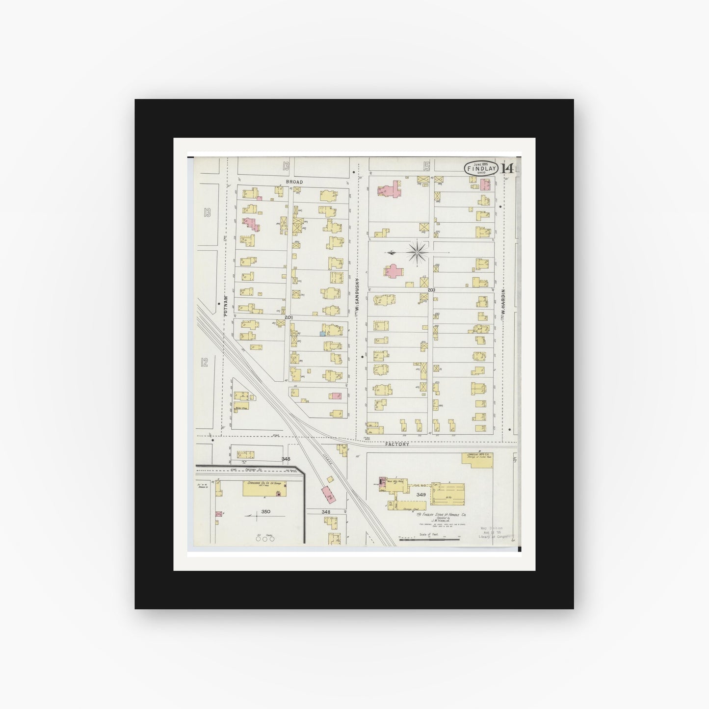 Old map wall art mockup — black gallery frame with white mat — Sanborn Fire Insurance Map from Findlay, Hancock County, Ohio (1895), Sheet #0014