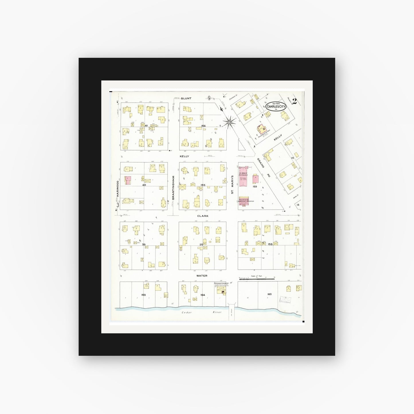 Old map wall art mockup β black gallery frame with white mat β Sanborn Fire Insurance Map from Charles City, Floyd County, Iowa (1909), Sheet #0002