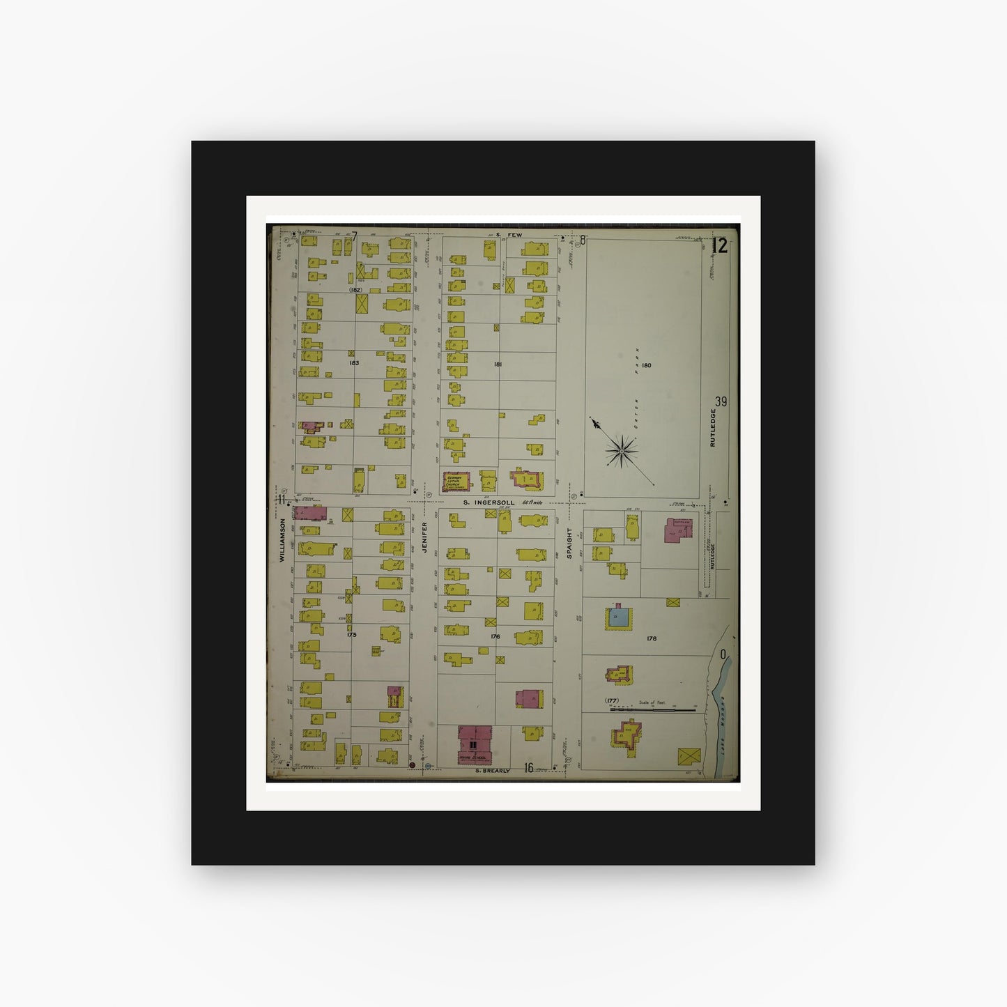 Old map wall art mockup — black gallery frame with white mat — Sanborn Fire Insurance Map from Madison, Dane County, Wisconsin (1908), Sheet #0012