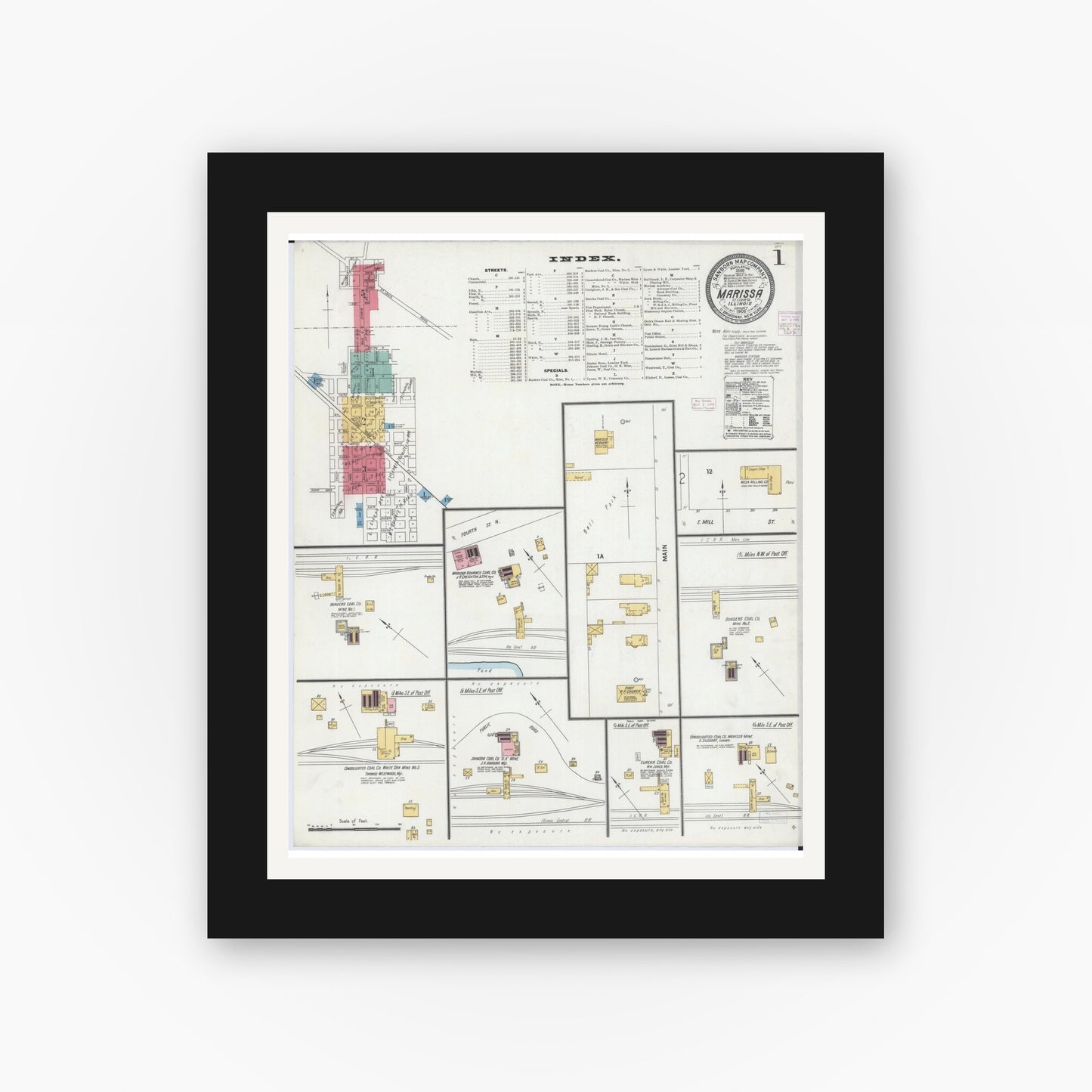 Old map wall art mockup — black gallery frame with white mat — Sanborn Fire Insurance Map from Marissa, Saint Clair County, Illinois (1906) - Complete Map Set