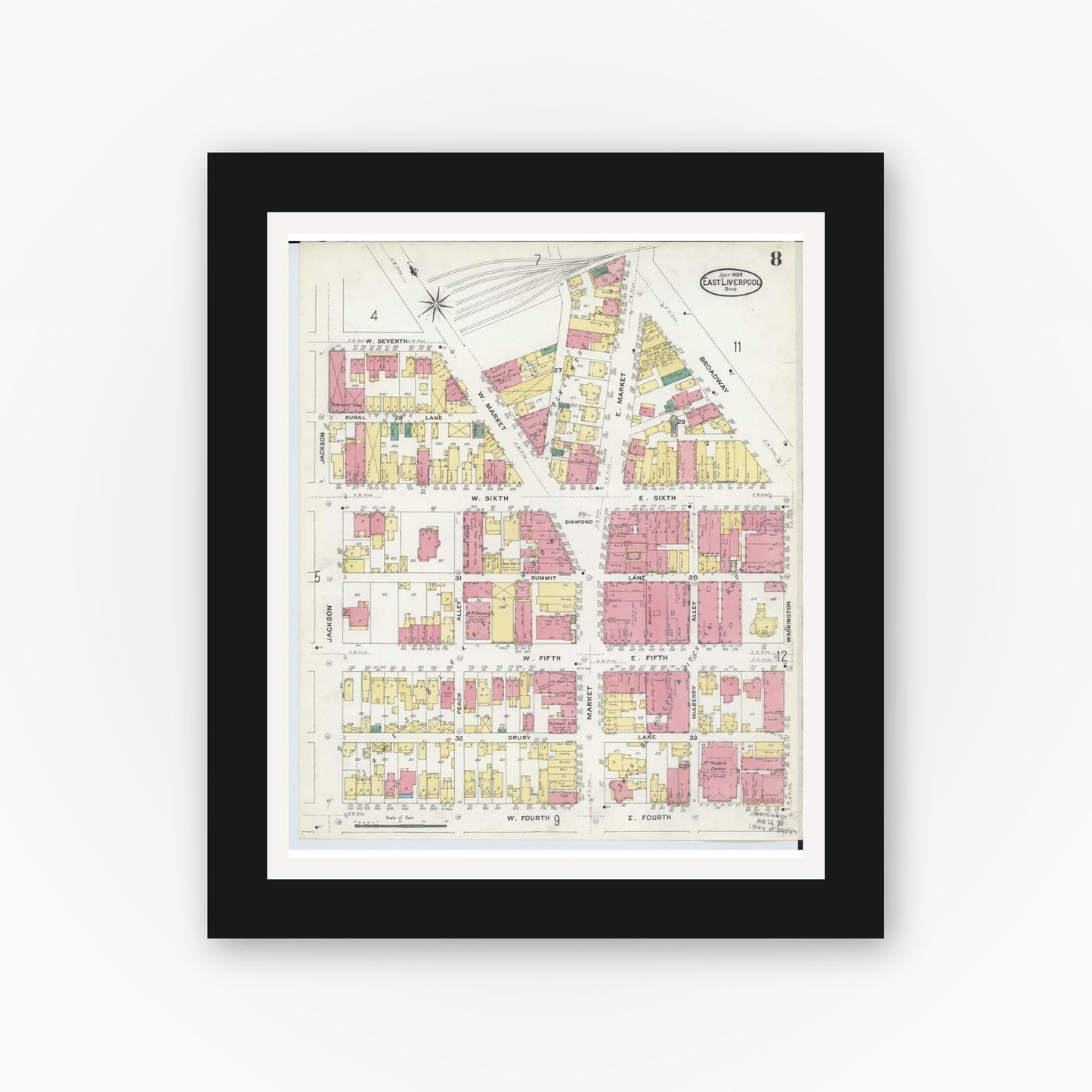 Old map wall art mockup — black gallery frame with white mat — Sanborn Fire Insurance Map from East Liverpool, Columbiana County, Ohio (1908), Sheet #0008
