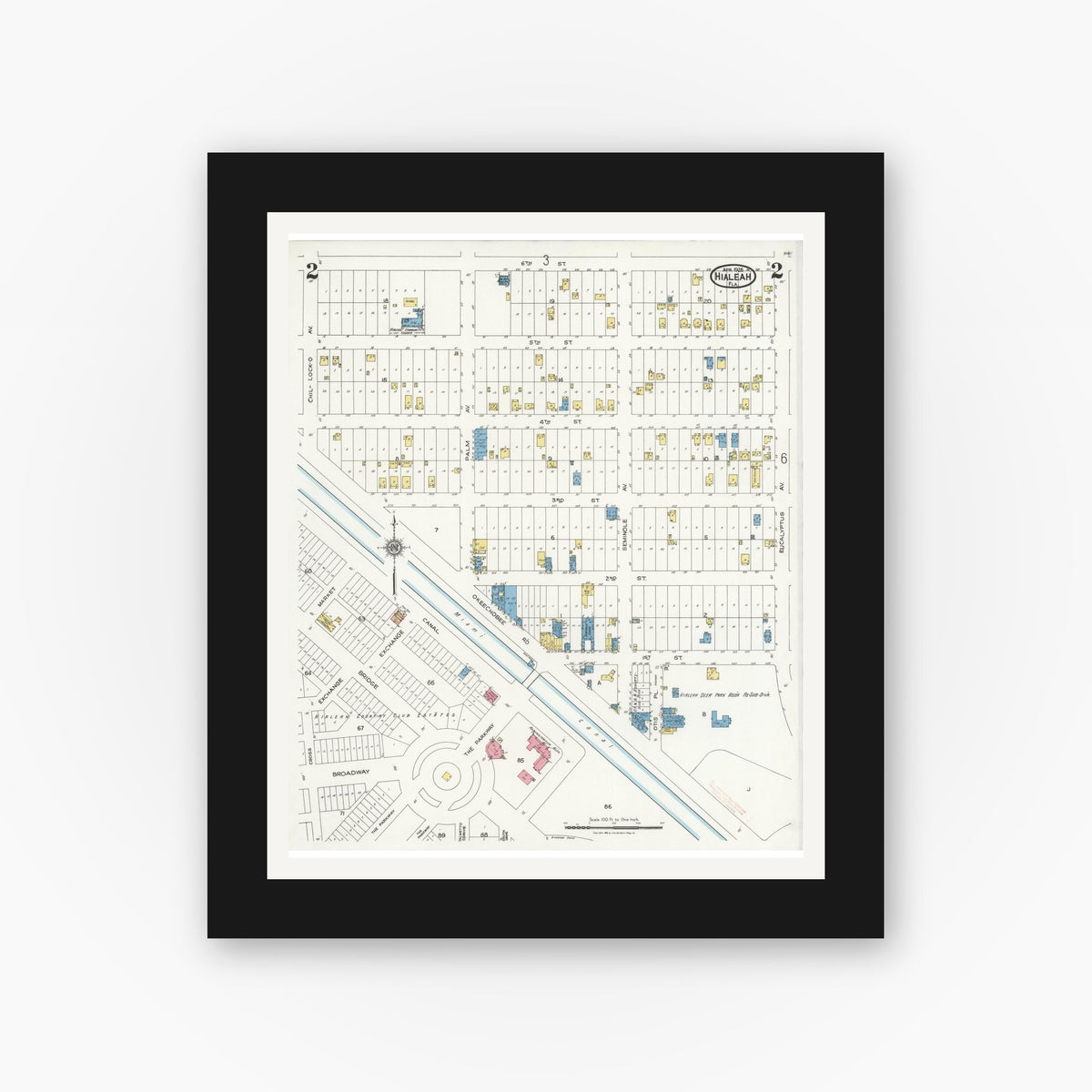 Old map wall art mockup — black gallery frame with white mat — Sanborn Fire Insurance Map from Hialeah, Dade County, Florida (1926), Sheet #0002