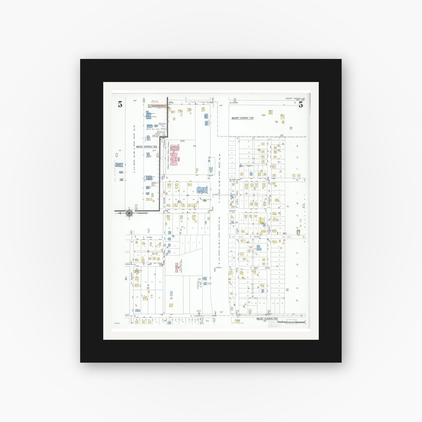 Old map wall art mockup — black gallery frame with white mat — Sanborn Fire Insurance Map from Mount Vernon, Lawrence County, Missouri (1951), Sheet #0005