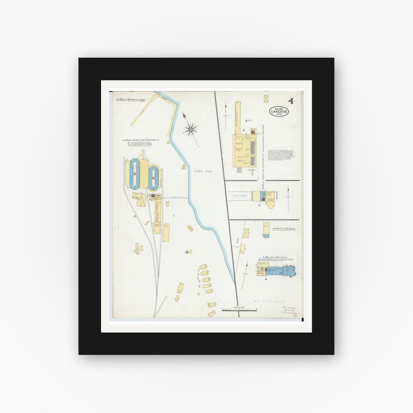 Old map wall art mockup — black gallery frame with white mat — Sanborn Fire Insurance Map from Lakeside, Ottawa County, Ohio (1905), Sheet #0004