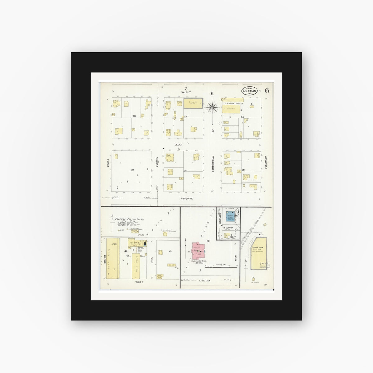 Old map wall art mockup — black gallery frame with white mat — Sanborn Fire Insurance Map from Coleman, Coleman County, Texas (1909), Sheet #0006