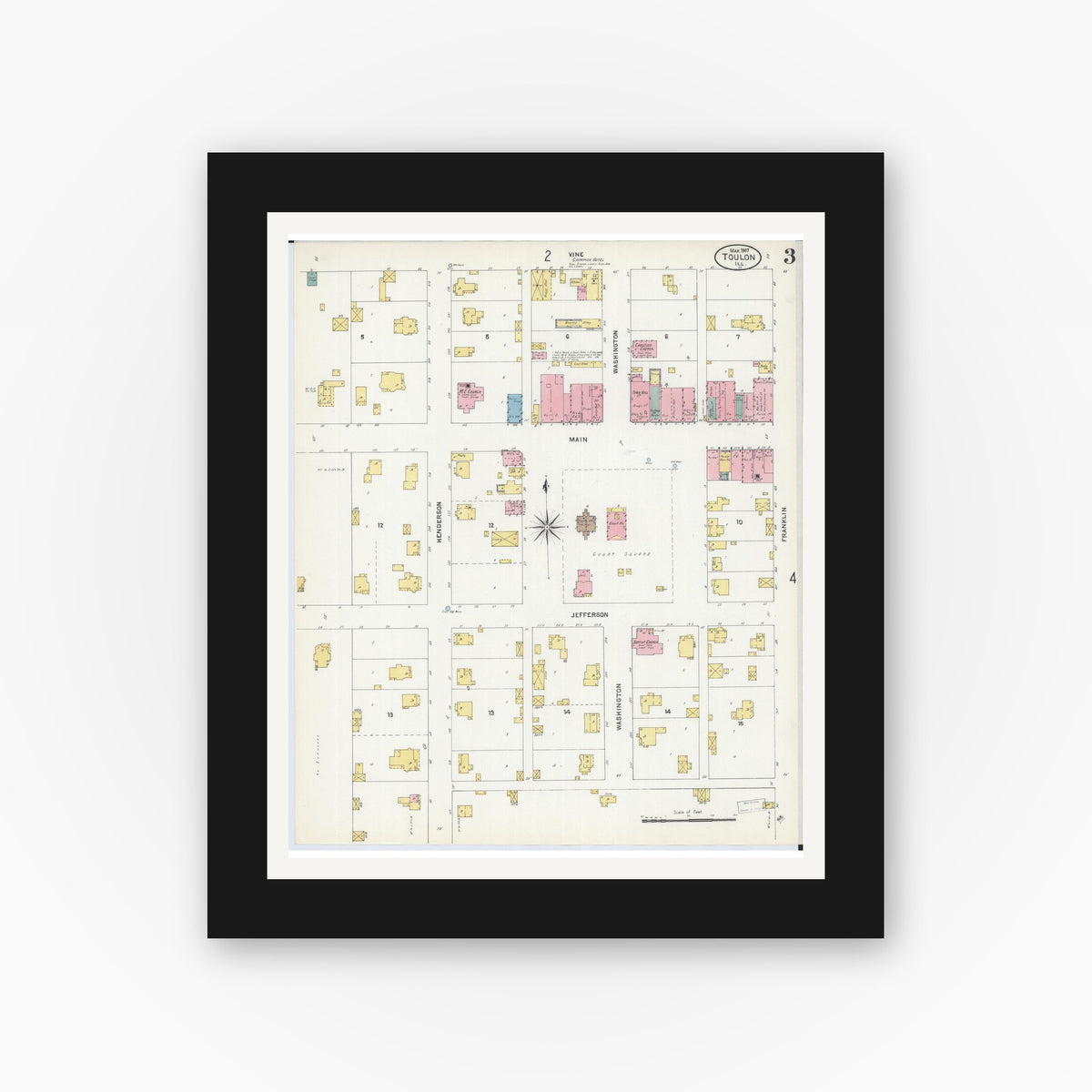 Old map wall art mockup — black gallery frame with white mat — Sanborn Fire Insurance Map from Toulon, Stark County, Illinois (1907), Sheet #0003
