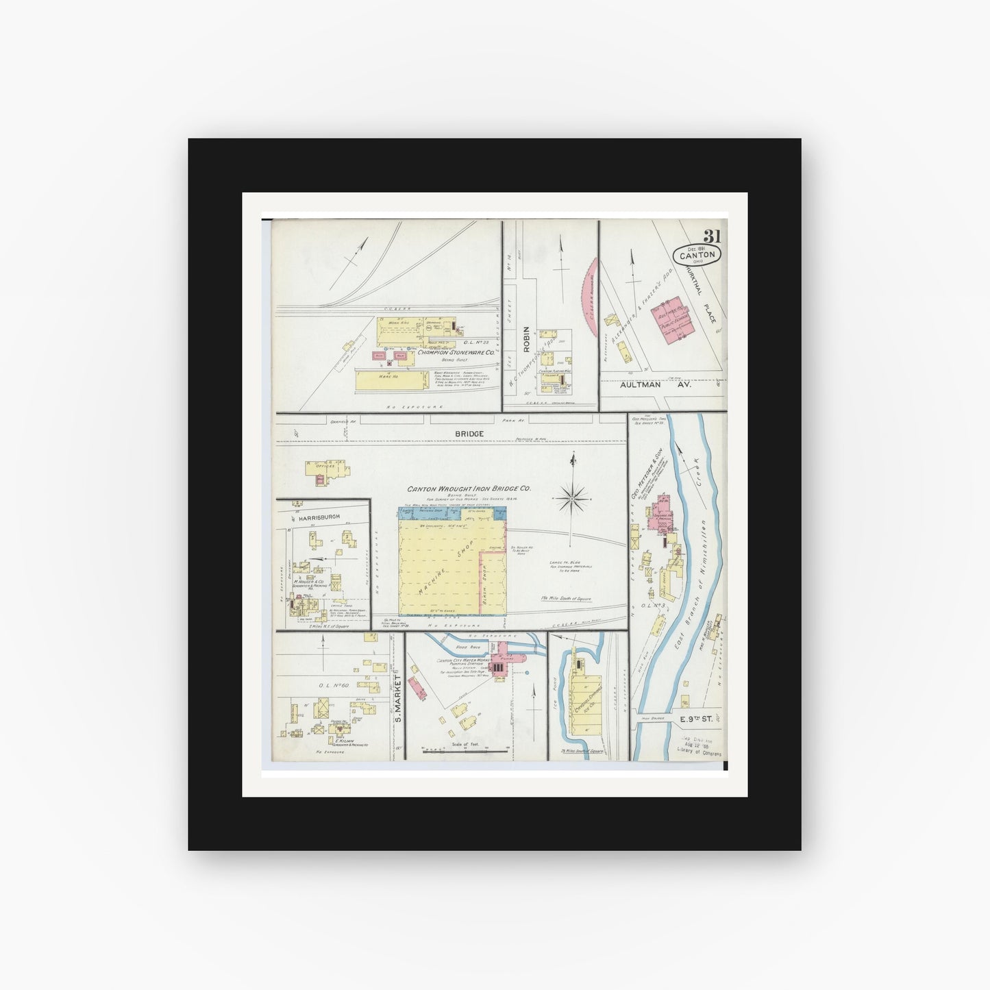 Old map wall art mockup — black gallery frame with white mat — Sanborn Fire Insurance Map from Canton, Stark County, Ohio (1891), Sheet #0031