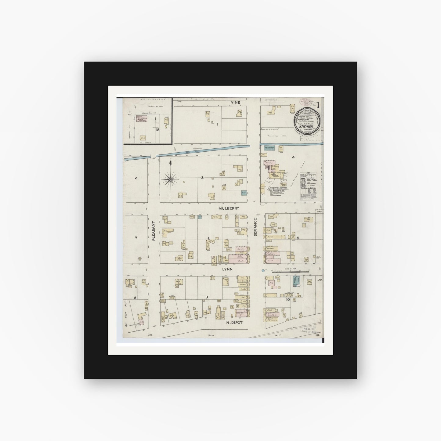 Old map wall art mockup — black gallery frame with white mat — Sanborn Fire Insurance Map from Stryker, Williams County, Ohio (1888) - Complete Map Set