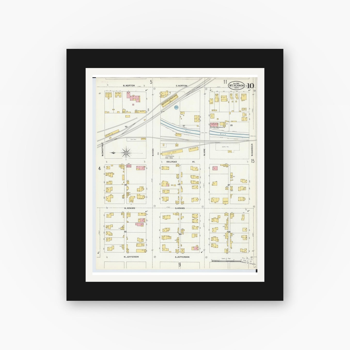 Old map wall art mockup — black gallery frame with white mat — Sanborn Fire Insurance Map from Mount Vernon, Knox County, Ohio (1903), Sheet #0010