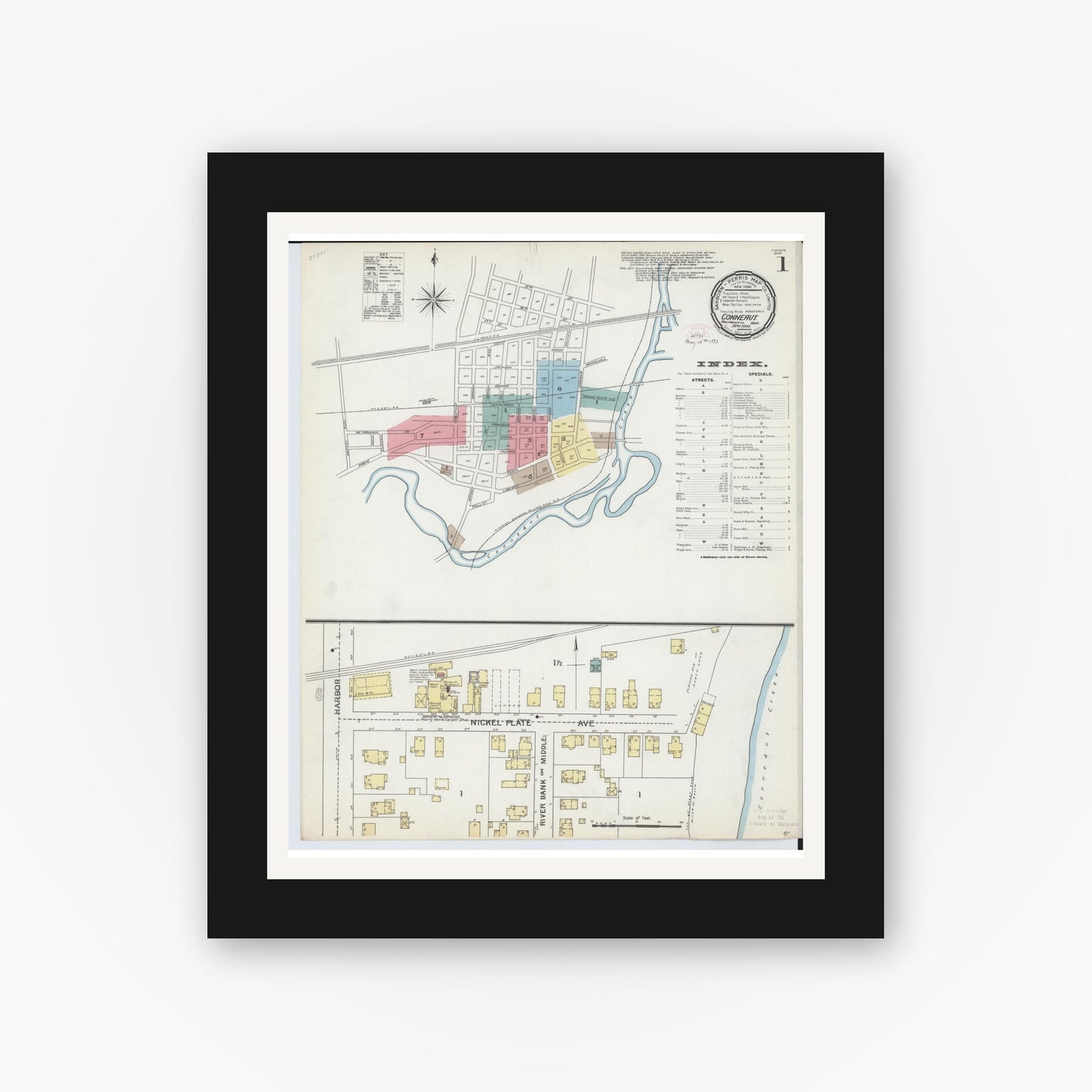 Old map wall art mockup — black gallery frame with white mat — Sanborn Fire Insurance Map from Conneaut, Ashtabula County, Ohio (1893) - Complete Map Set
