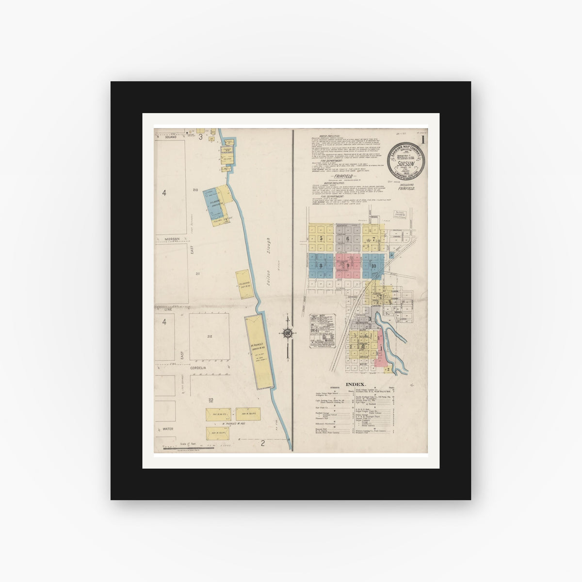 Old map wall art mockup — black gallery frame with white mat — Sanborn Fire Insurance Map from Suisun, Solano County, California (1920) - Complete Map Set