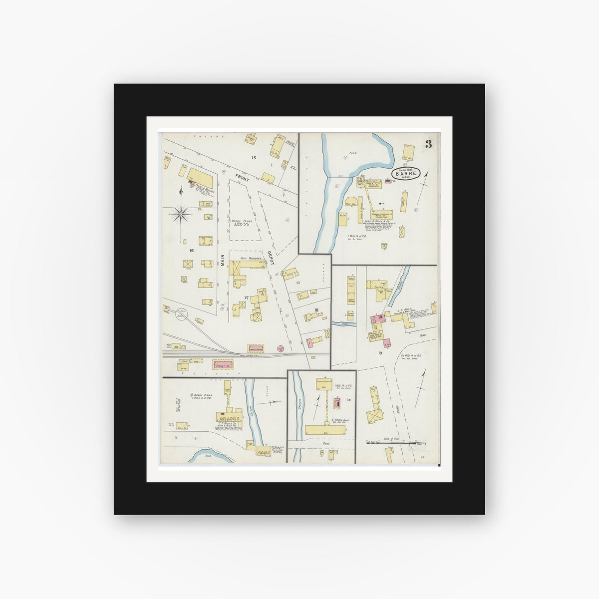 Old map wall art mockup — black gallery frame with white mat — Sanborn Fire Insurance Map from Barre, Worcester County, Massachusetts (1895), Sheet #0003