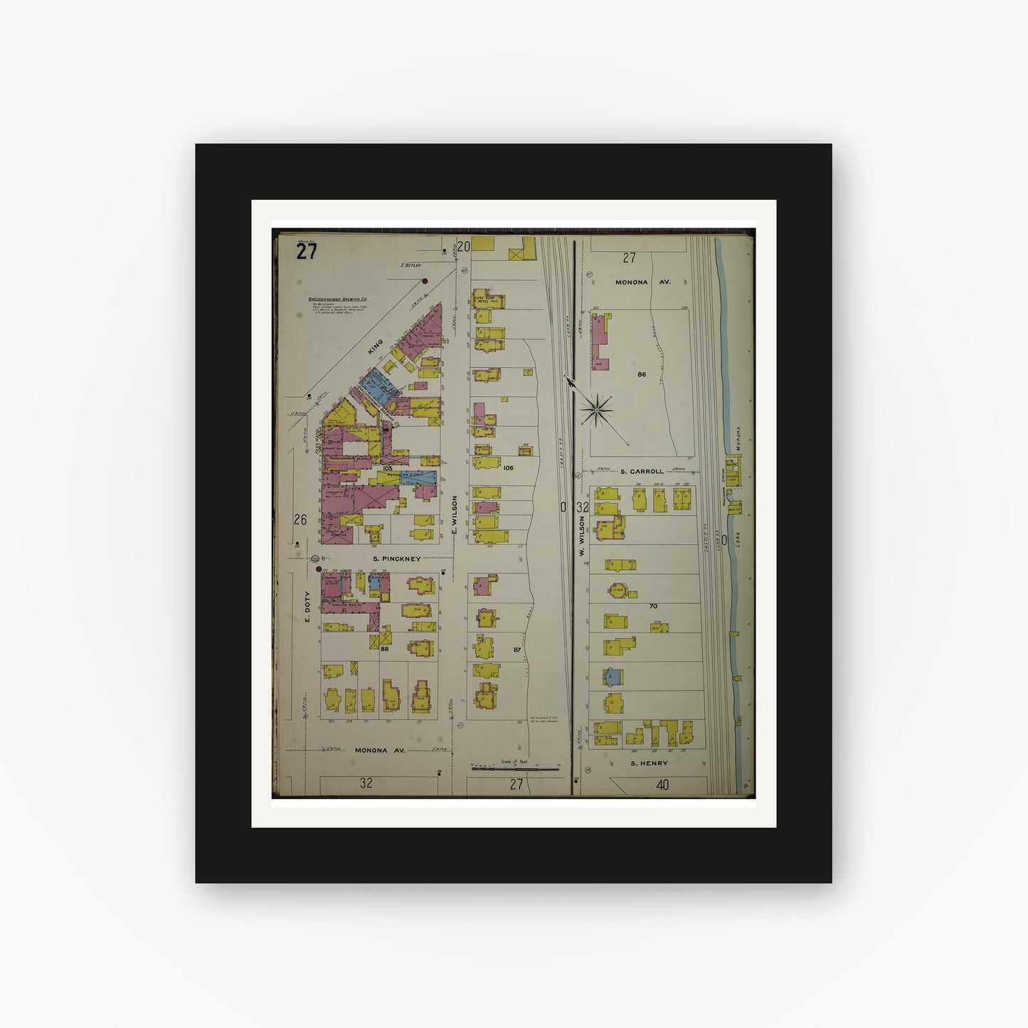 Old map wall art mockup — black gallery frame with white mat — Sanborn Fire Insurance Map from Madison, Dane County, Wisconsin (1908), Sheet #0027