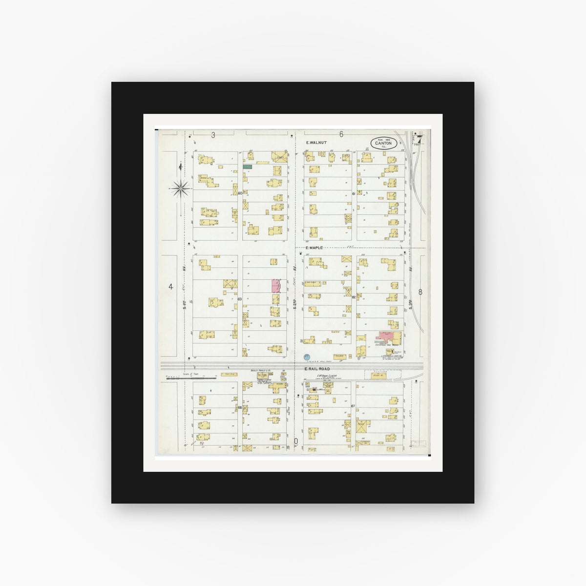 Old map wall art mockup — black gallery frame with white mat — Sanborn Fire Insurance Map from Canton, Fulton County, Illinois (1902), Sheet #0007