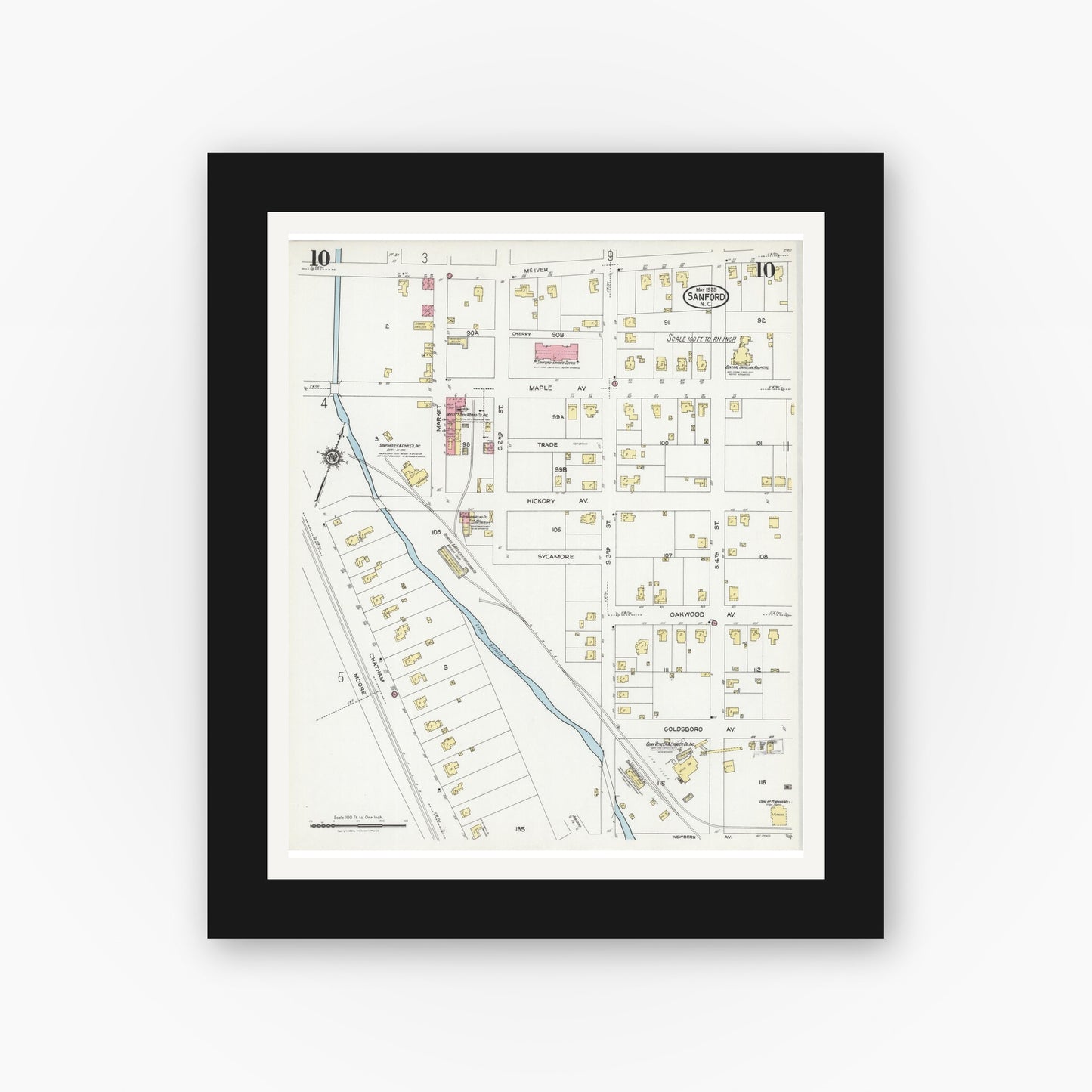 Old map wall art mockup — black gallery frame with white mat — Sanborn Fire Insurance Map from Sanford, Lee County, North Carolina (1925), Sheet #0010