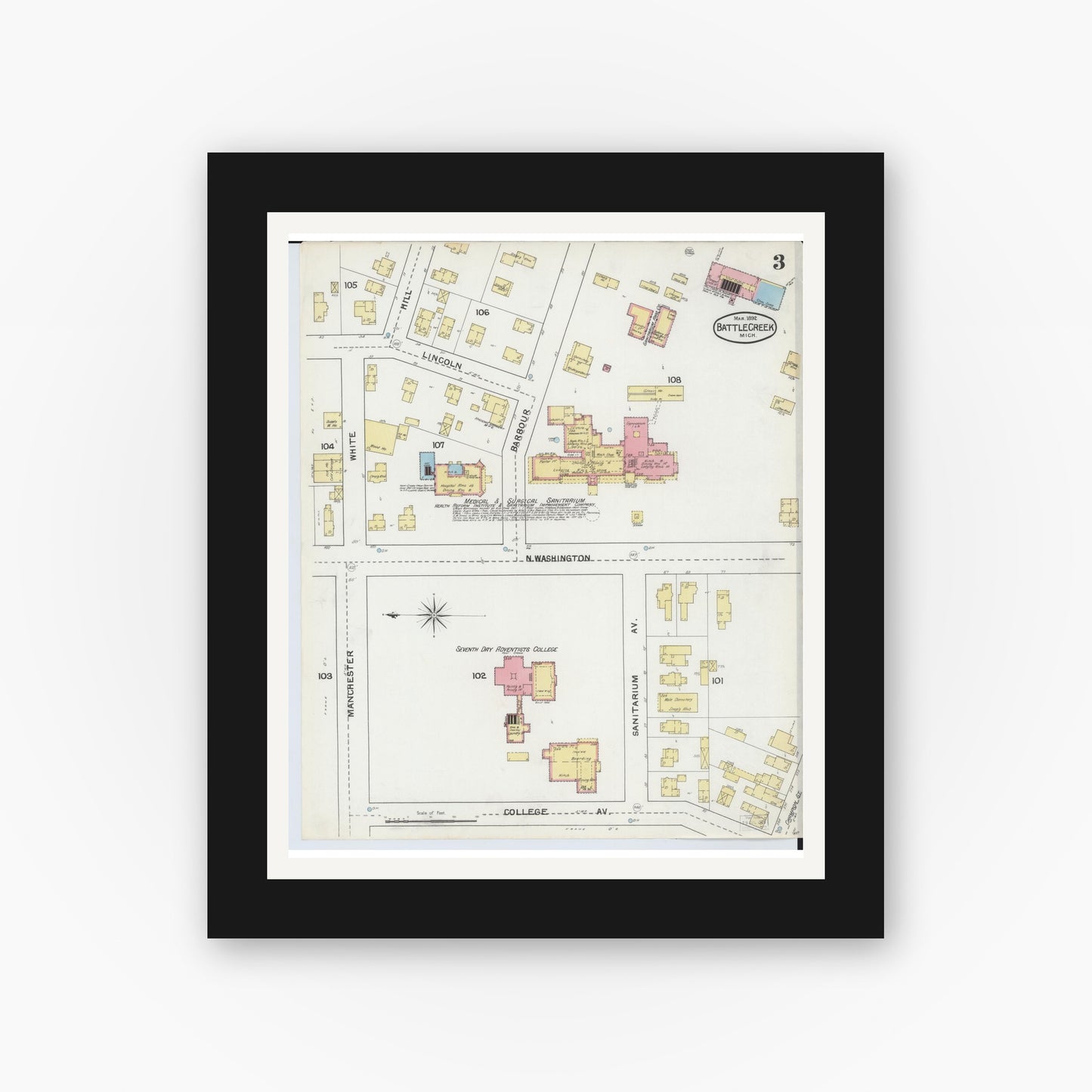 Old map wall art mockup — black gallery frame with white mat — Sanborn Fire Insurance Map from Battle Creek, Calhoun County, Michigan (1892), Sheet #0003