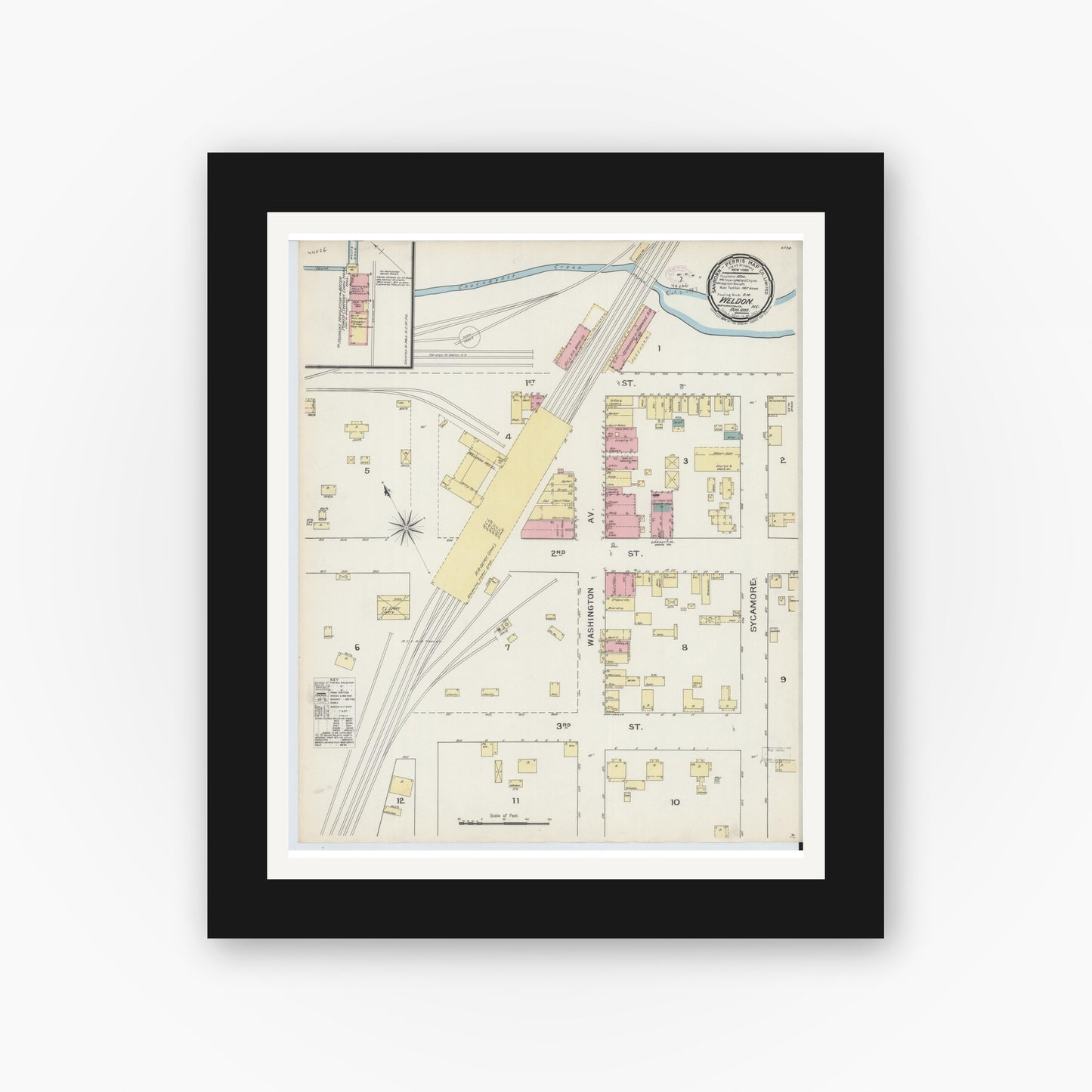 Old map wall art mockup — black gallery frame with white mat — Sanborn Fire Insurance Map from Weldon, Halifax County, North Carolina (1893), Sheet #0001