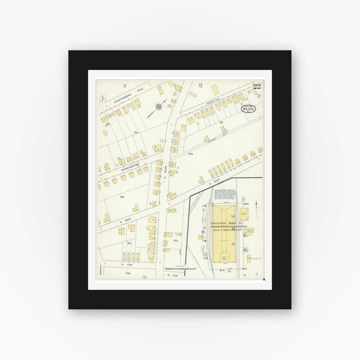 Old map wall art mockup — black gallery frame with white mat — Sanborn Fire Insurance Map from Wilson, Wilson County, North Carolina (1913), Sheet #0022