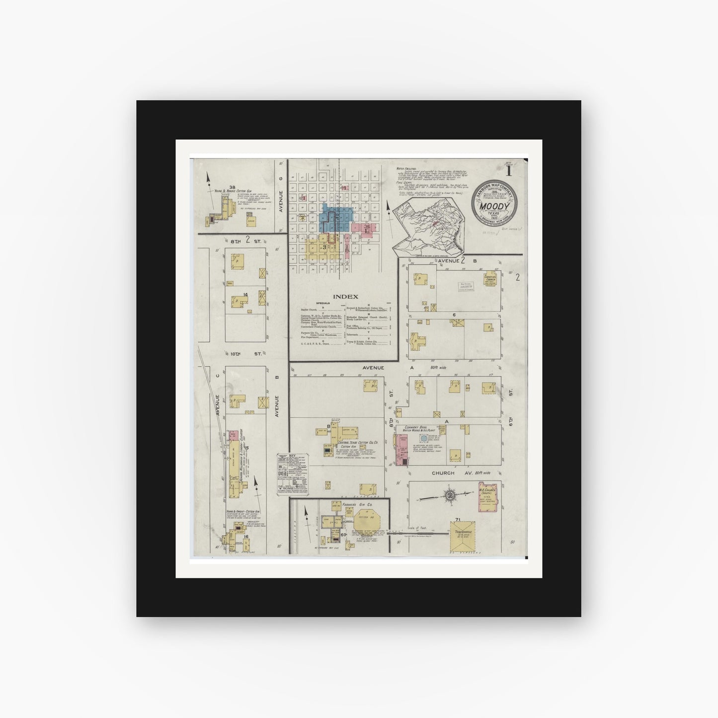 Old map wall art mockup — black gallery frame with white mat — Sanborn Fire Insurance Map from Moody, McLennan County, Texas (1920), Sheet #0001