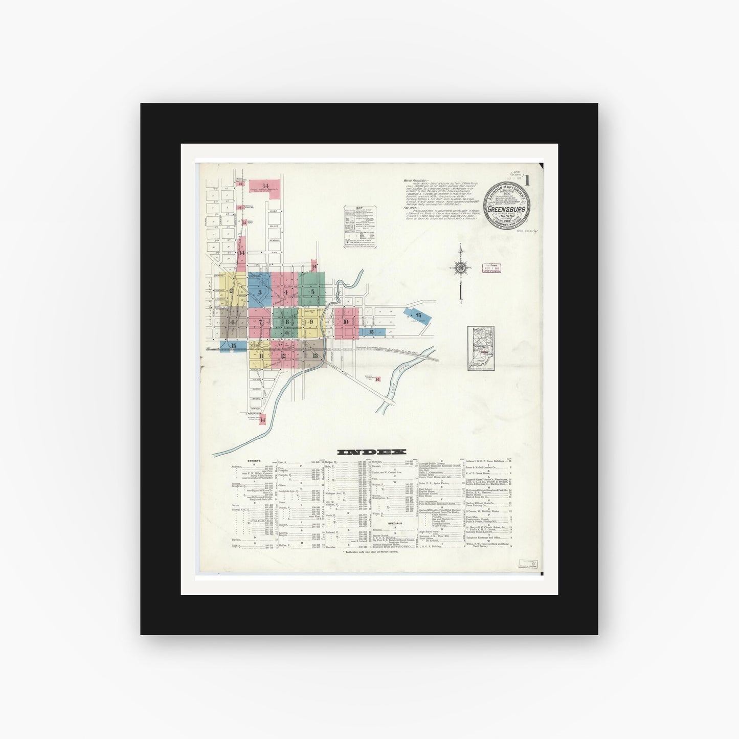 Old map wall art mockup — black gallery frame with white mat — Sanborn Fire Insurance Map from Greensburg, Decatur County, Indiana (1913) - Complete Map Set