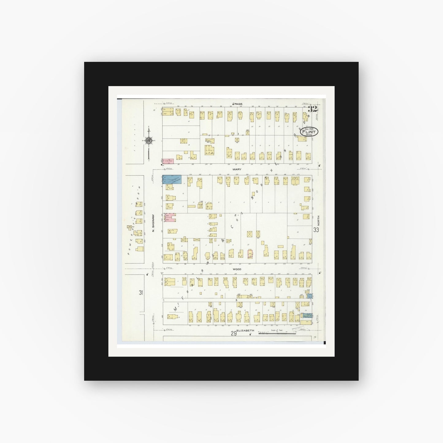 Old map wall art mockup — black gallery frame with white mat — Sanborn Fire Insurance Map from Flint, Genesee County, Michigan (1909), Sheet #0032