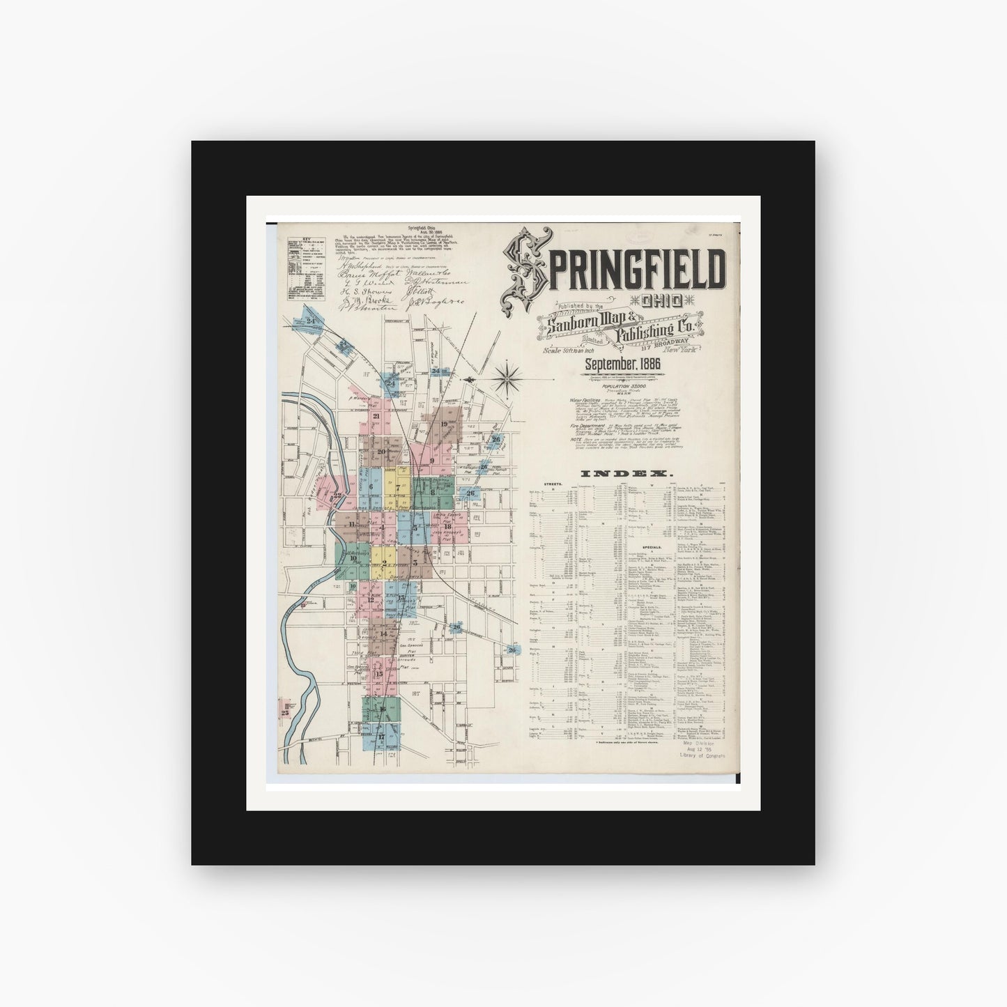 Old map wall art mockup — black gallery frame with white mat — Sanborn Fire Insurance Map from Springfield, Clark County, Ohio (1886) - Complete Map Set
