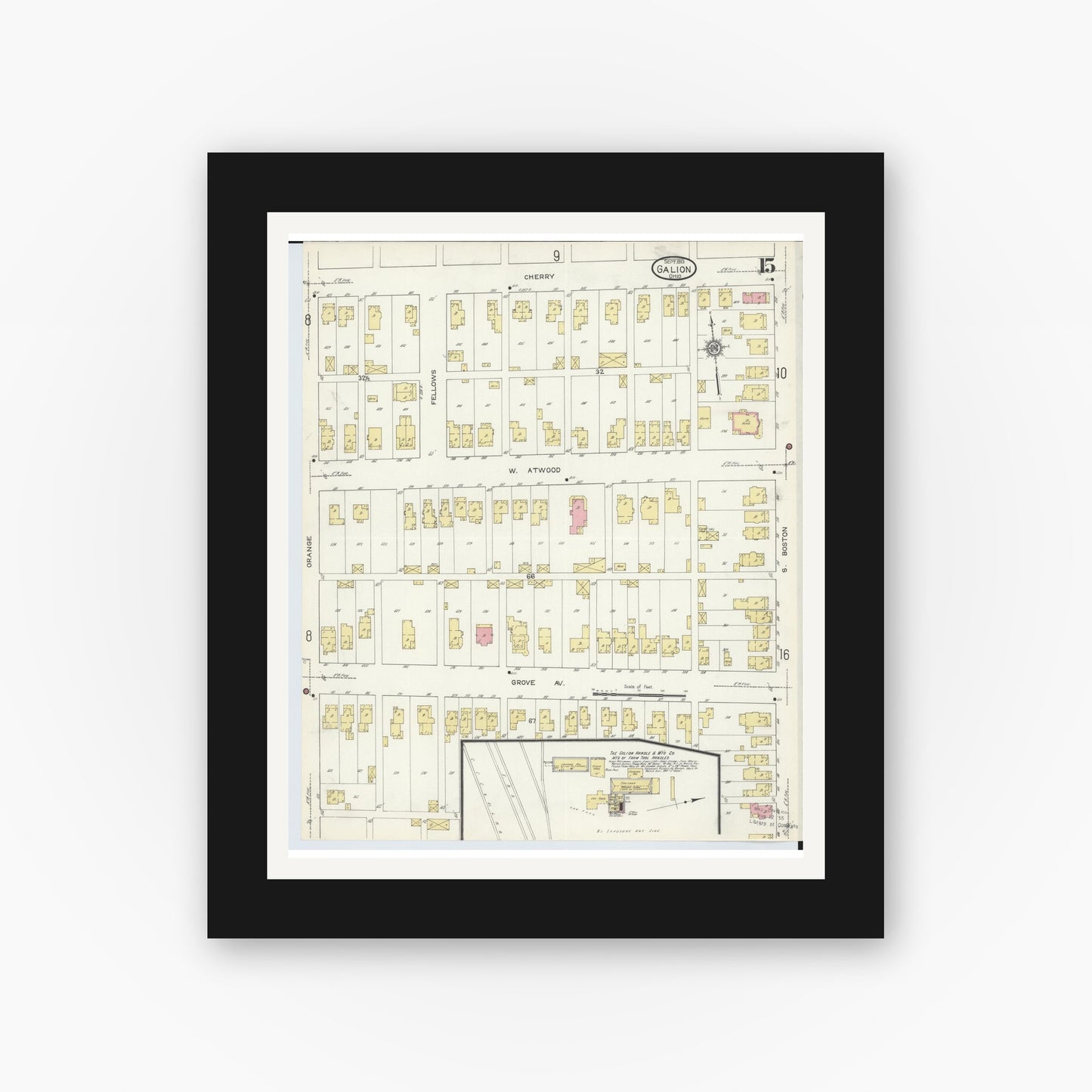 Old map wall art mockup — black gallery frame with white mat — Sanborn Fire Insurance Map from Galion, Crawford County, Ohio (1913), Sheet #0015