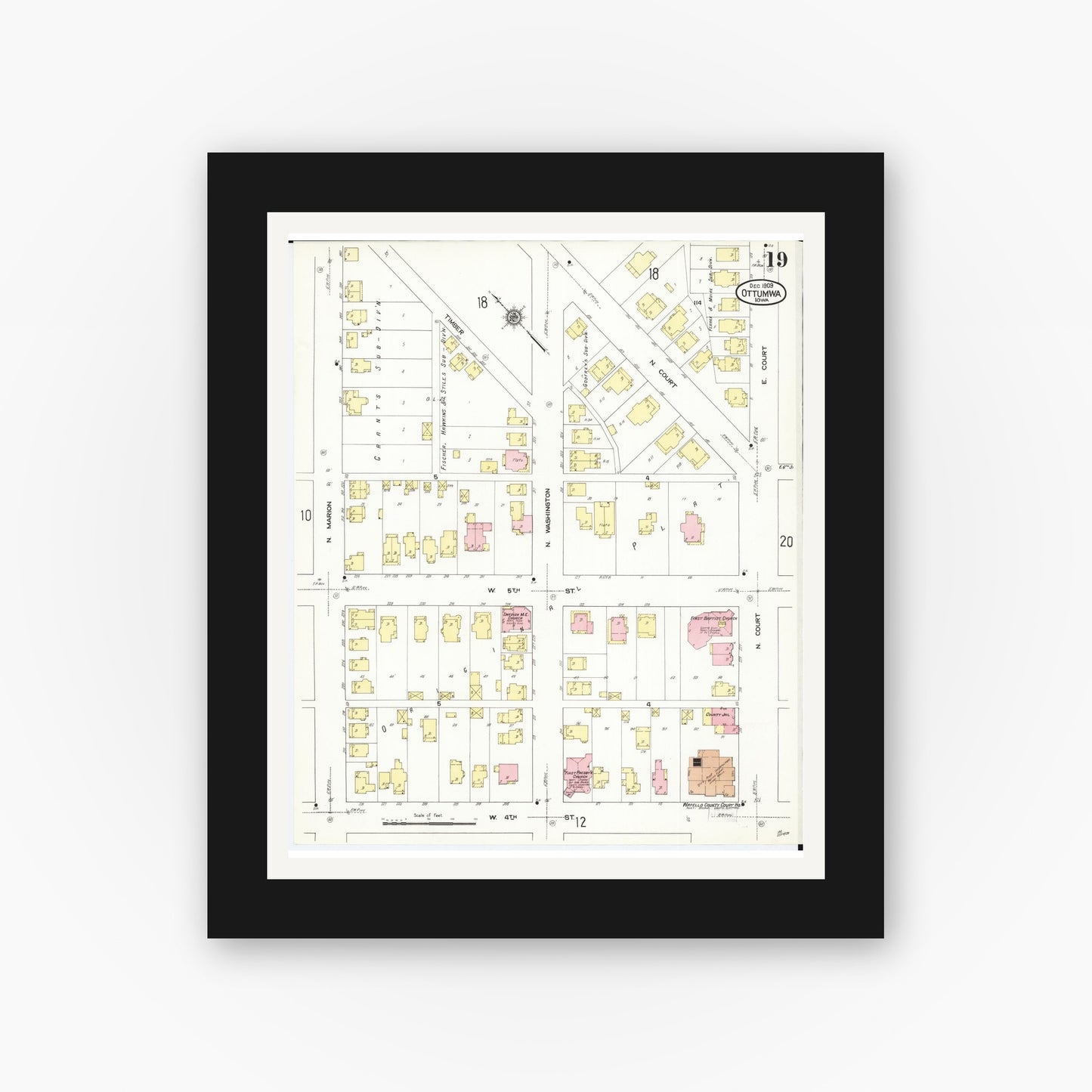 Old map wall art mockup — black gallery frame with white mat — Sanborn Fire Insurance Map from Ottumwa, Wapello County, Iowa (1909), Sheet #0019