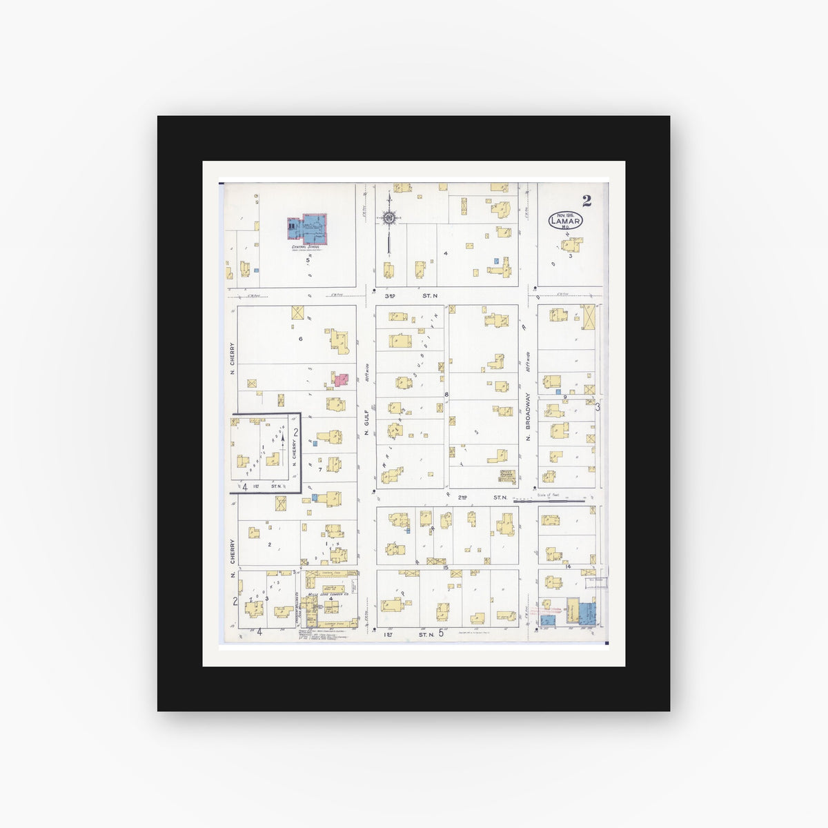 Old map wall art mockup — black gallery frame with white mat — Sanborn Fire Insurance Map from Lamar, Barton County, Missouri (1916), Sheet #0002