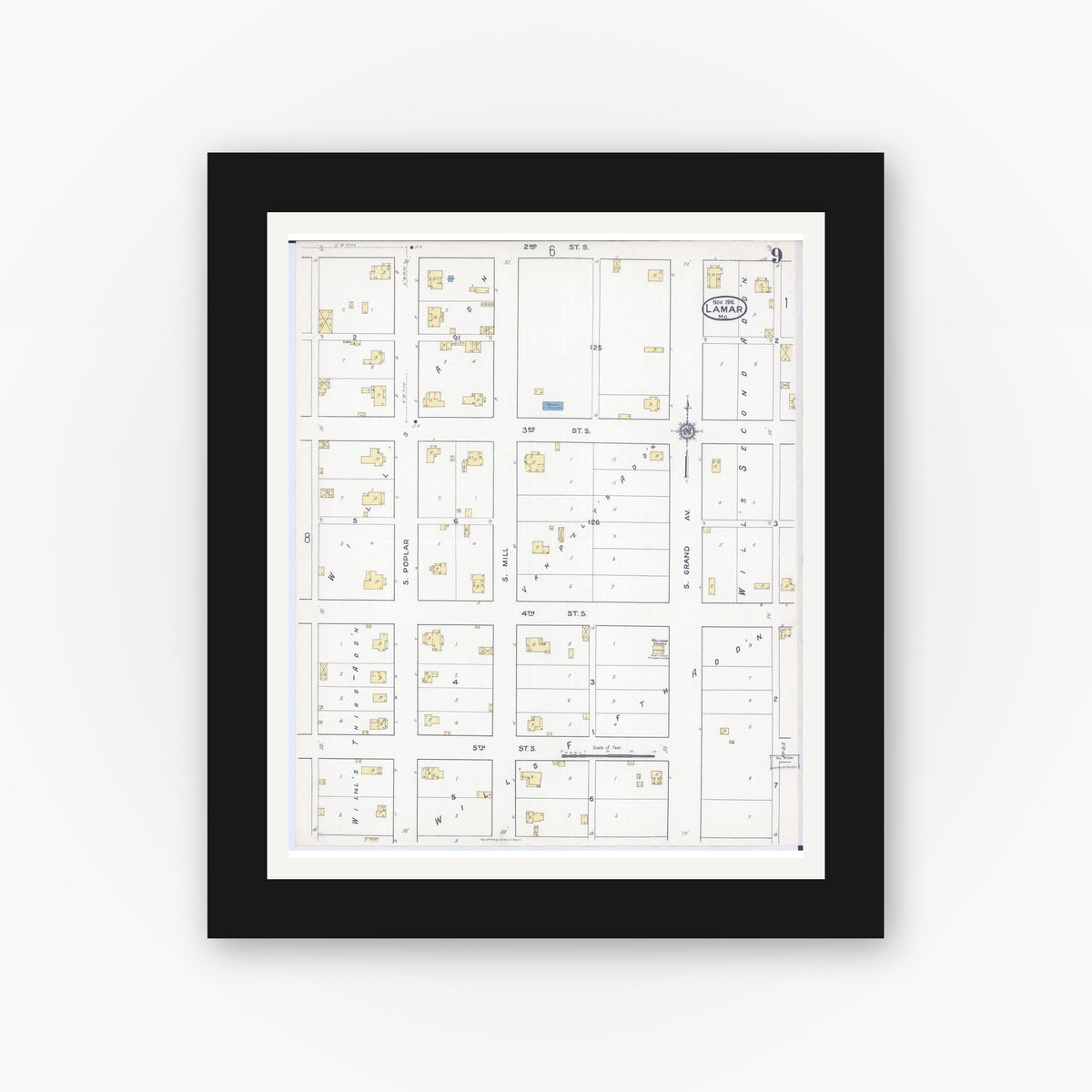 Old map wall art mockup — black gallery frame with white mat — Sanborn Fire Insurance Map from Lamar, Barton County, Missouri (1916), Sheet #0009