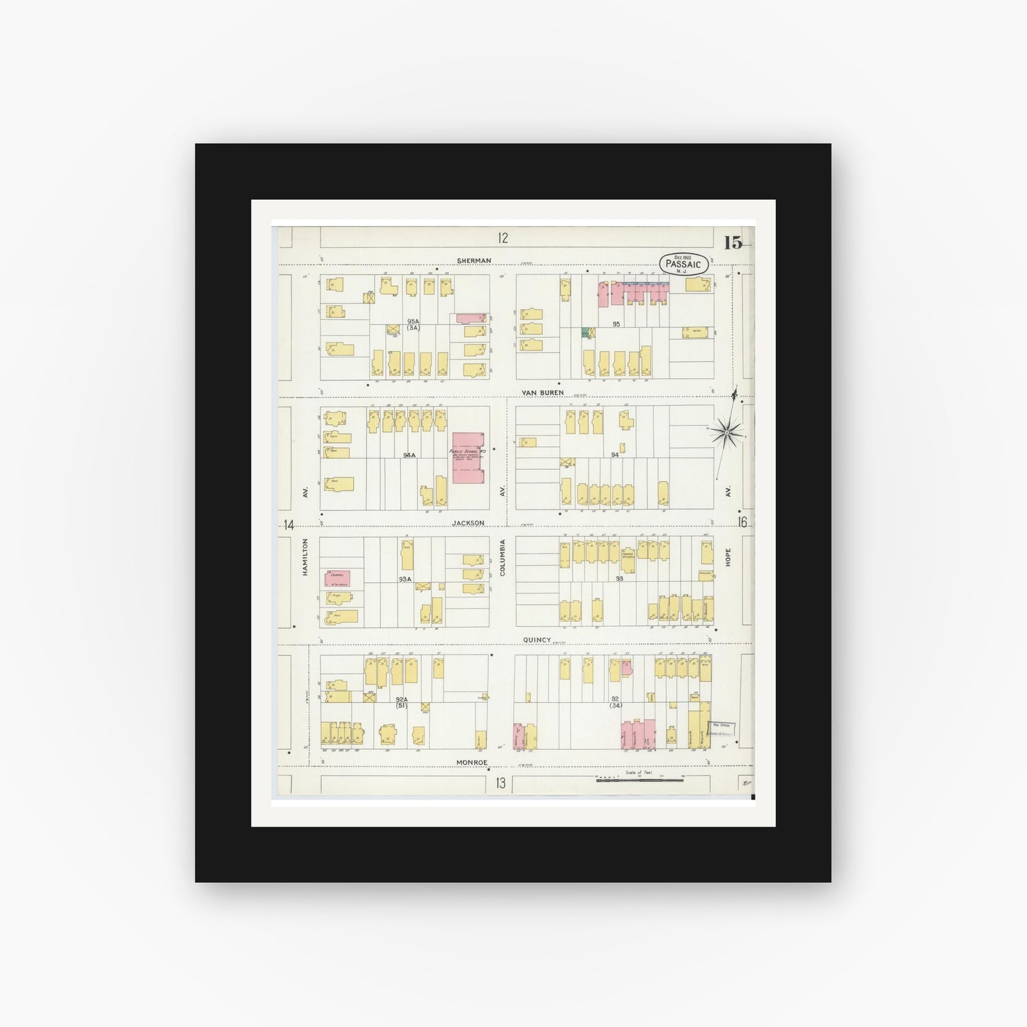 Old map wall art mockup — black gallery frame with white mat — Sanborn Fire Insurance Map from Passaic, Passaic County, New Jersey (1903), Sheet #0015