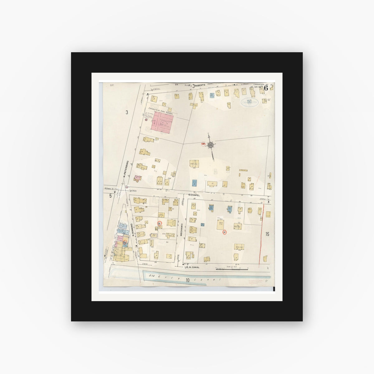 Old map wall art mockup — black gallery frame with white mat — Sanborn Fire Insurance Map from Canastota, Madison County, New York (1959), Sheet #0006