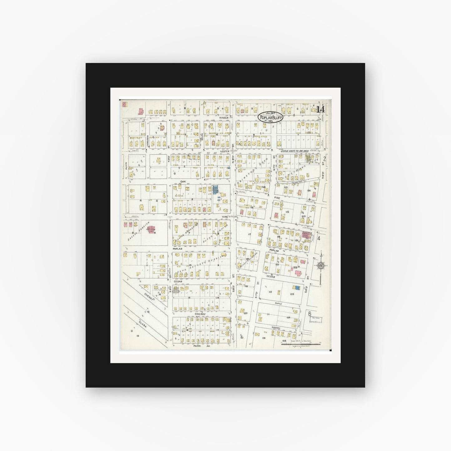 Old map wall art mockup — black gallery frame with white mat — Sanborn Fire Insurance Map from Poplar Bluff, Butler County, Missouri (1917), Sheet #0014