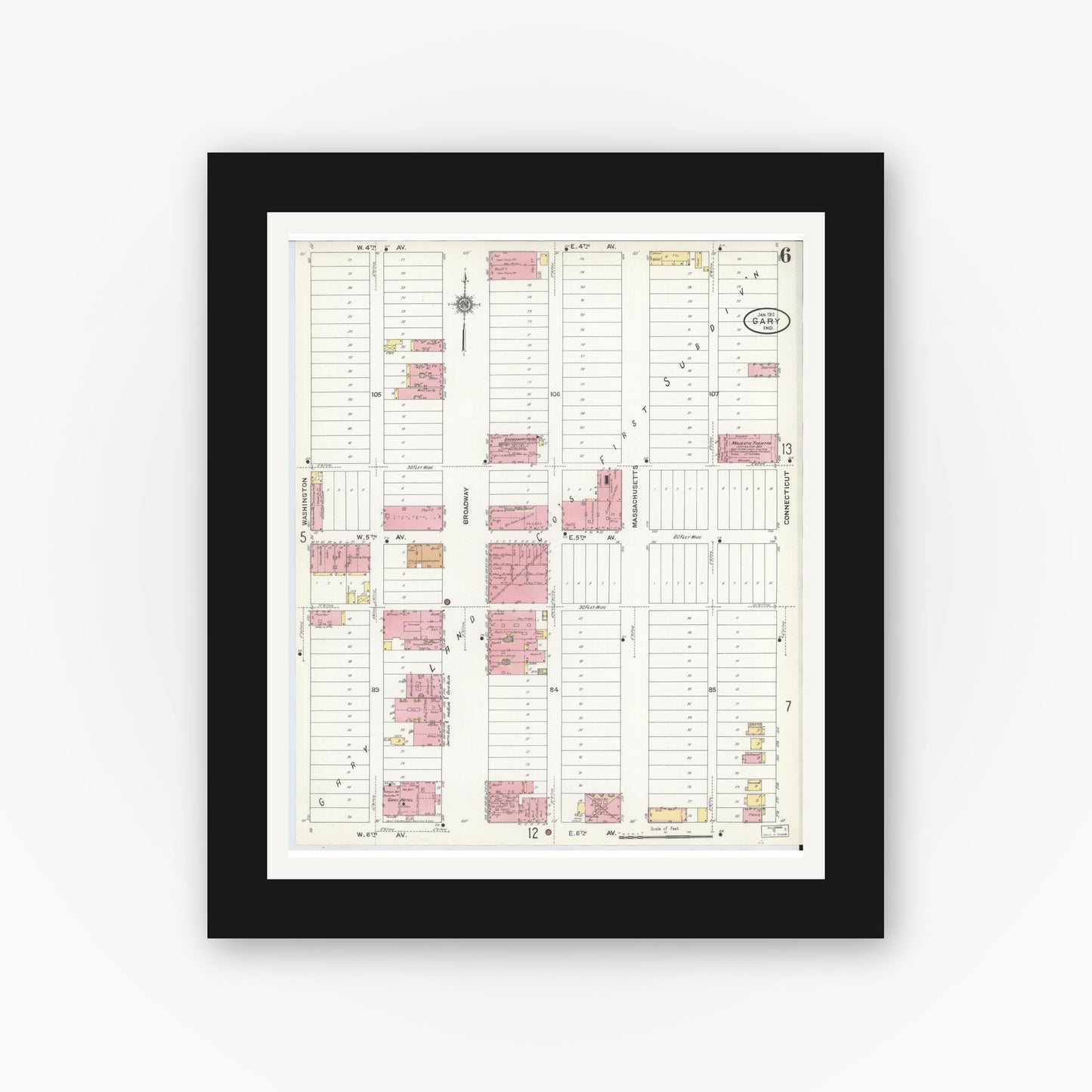 Old map wall art mockup β black gallery frame with white mat β Sanborn Fire Insurance Map from Gary, Lake County, Indiana (1911), Sheet #0006