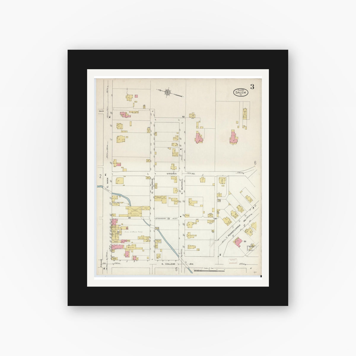 Old map wall art mockup — black gallery frame with white mat — Sanborn Fire Insurance Map from Salem, Independent Cities, Virginia (1913), Sheet #0003