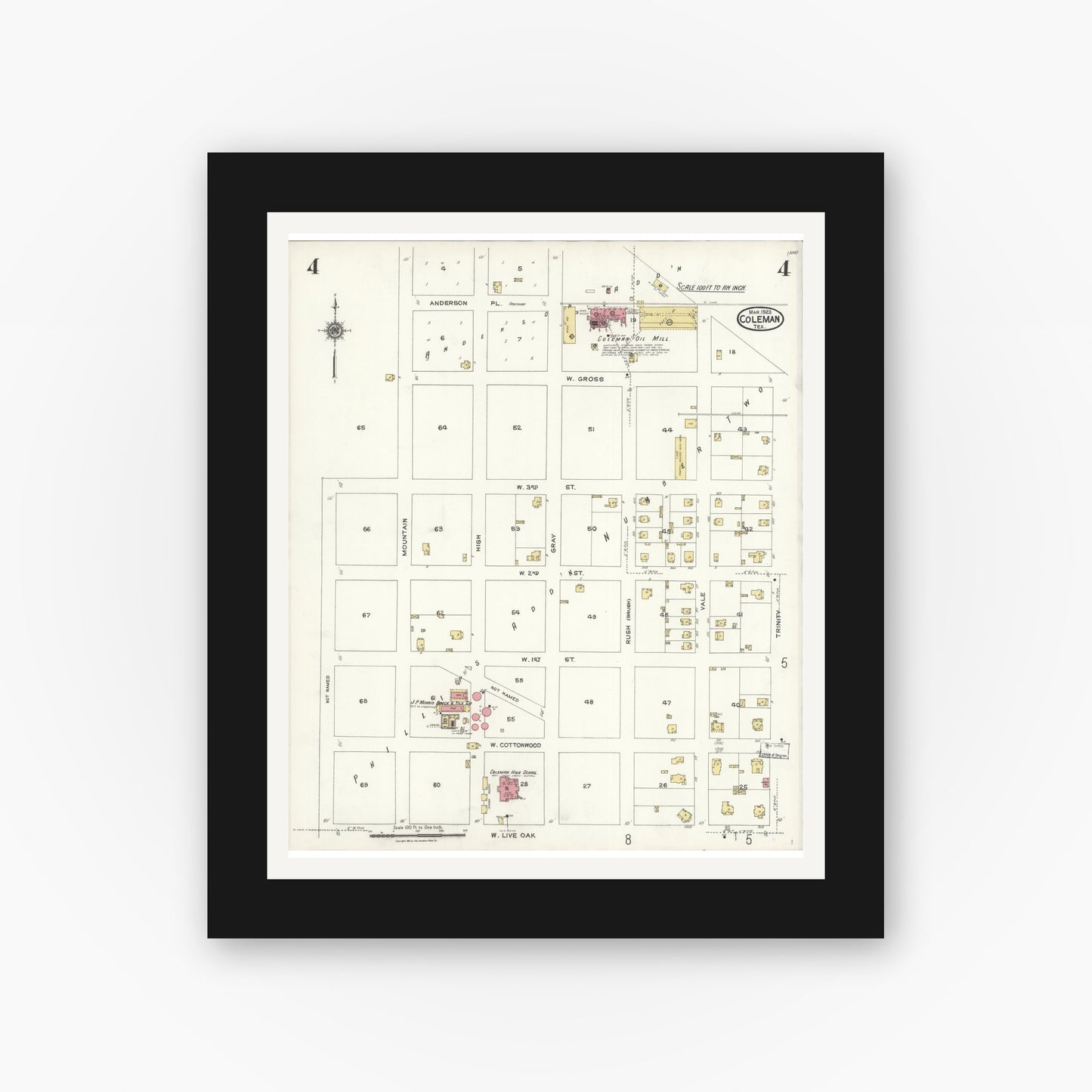 Old map wall art mockup — black gallery frame with white mat — Sanborn Fire Insurance Map from Coleman, Coleman County, Texas (1923), Sheet #0004