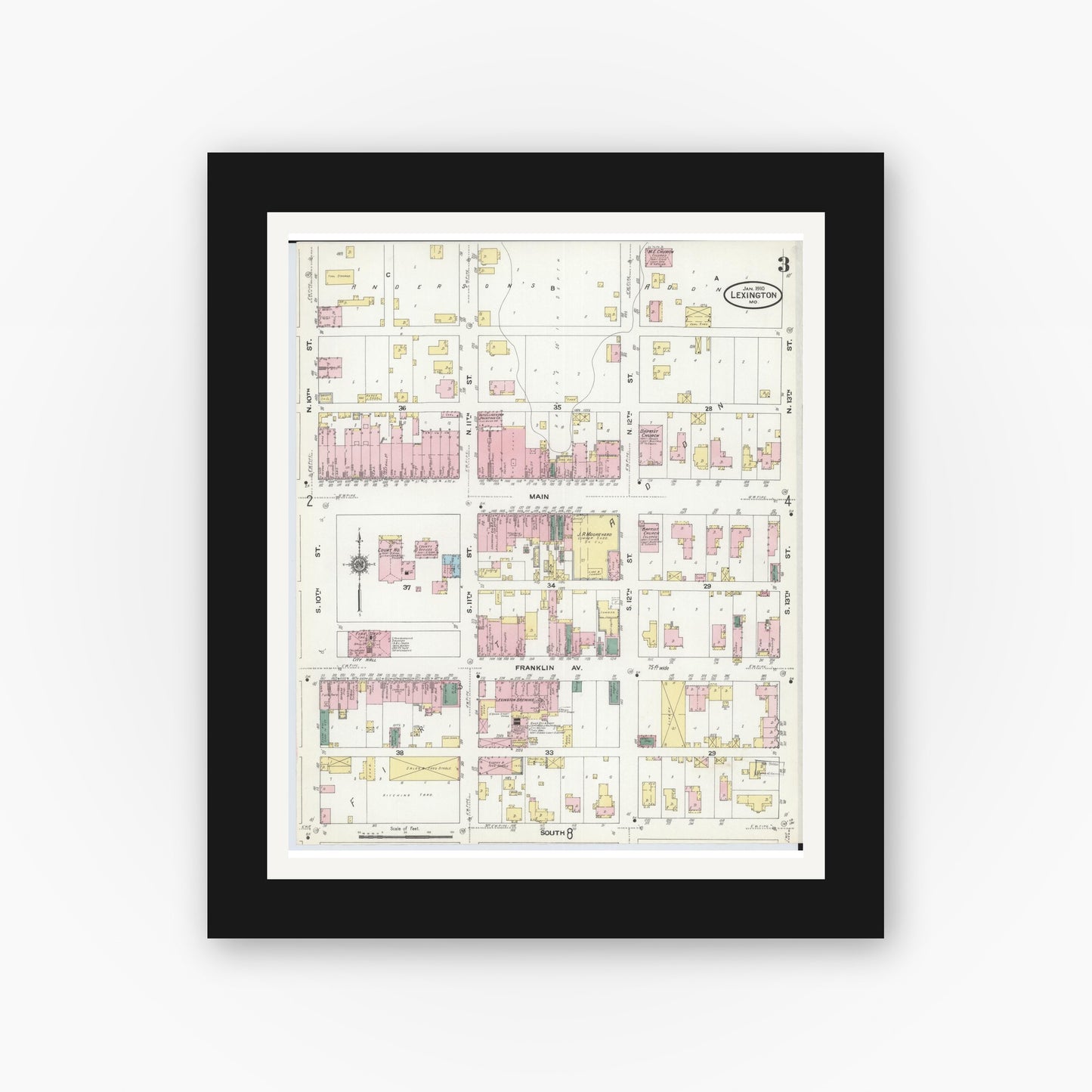 Old map wall art mockup — black gallery frame with white mat — Sanborn Fire Insurance Map from Lexington, Lafayette County, Missouri (1910), Sheet #0003