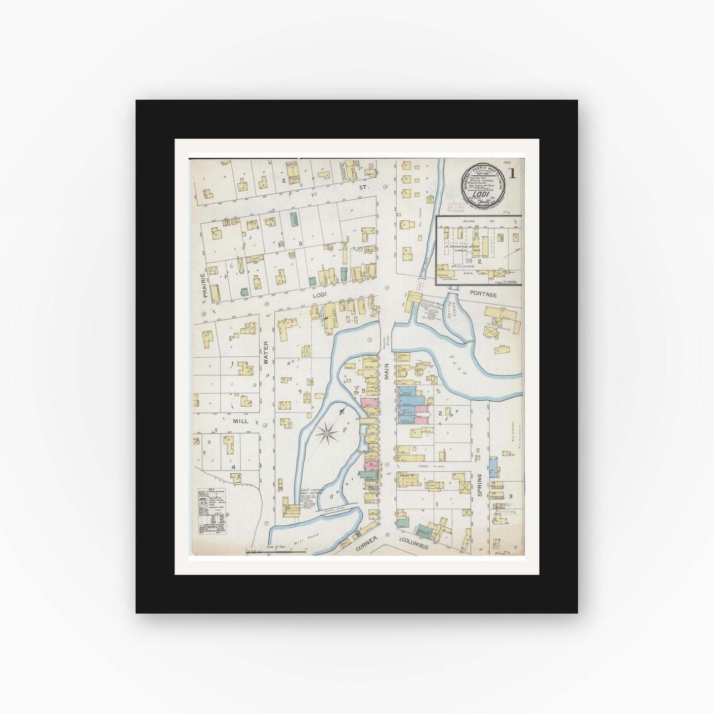 Old map wall art mockup — black gallery frame with white mat — Sanborn Fire Insurance Map from Lodi, Columbia County, Wisconsin (1892), Sheet #0001
