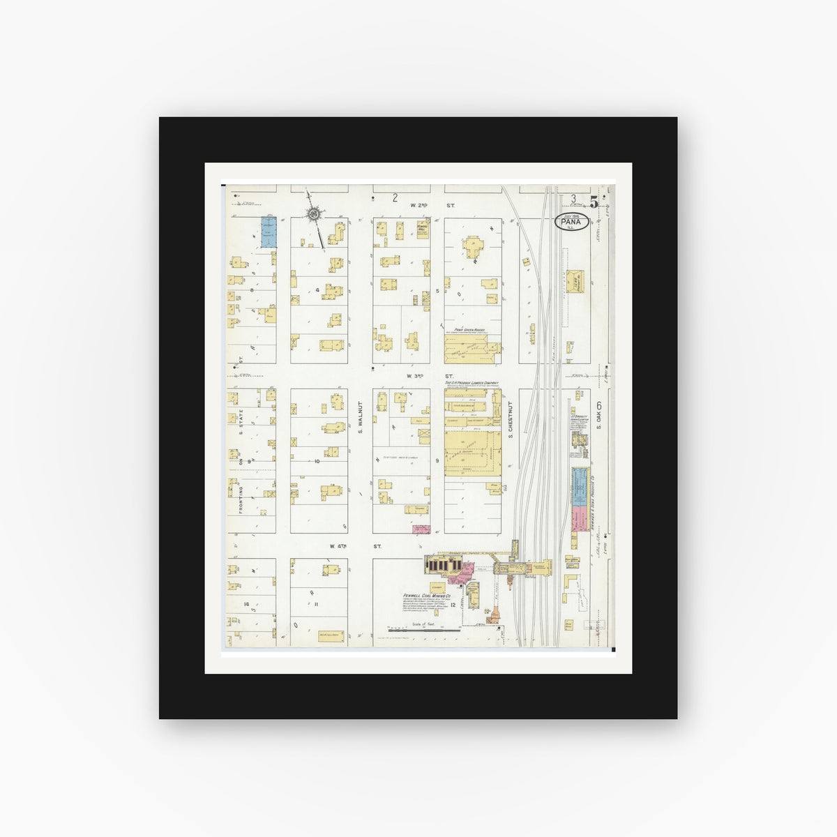 Old map wall art mockup — black gallery frame with white mat — Sanborn Fire Insurance Map from Pana, Christian County, Illinois (1916), Sheet #0005
