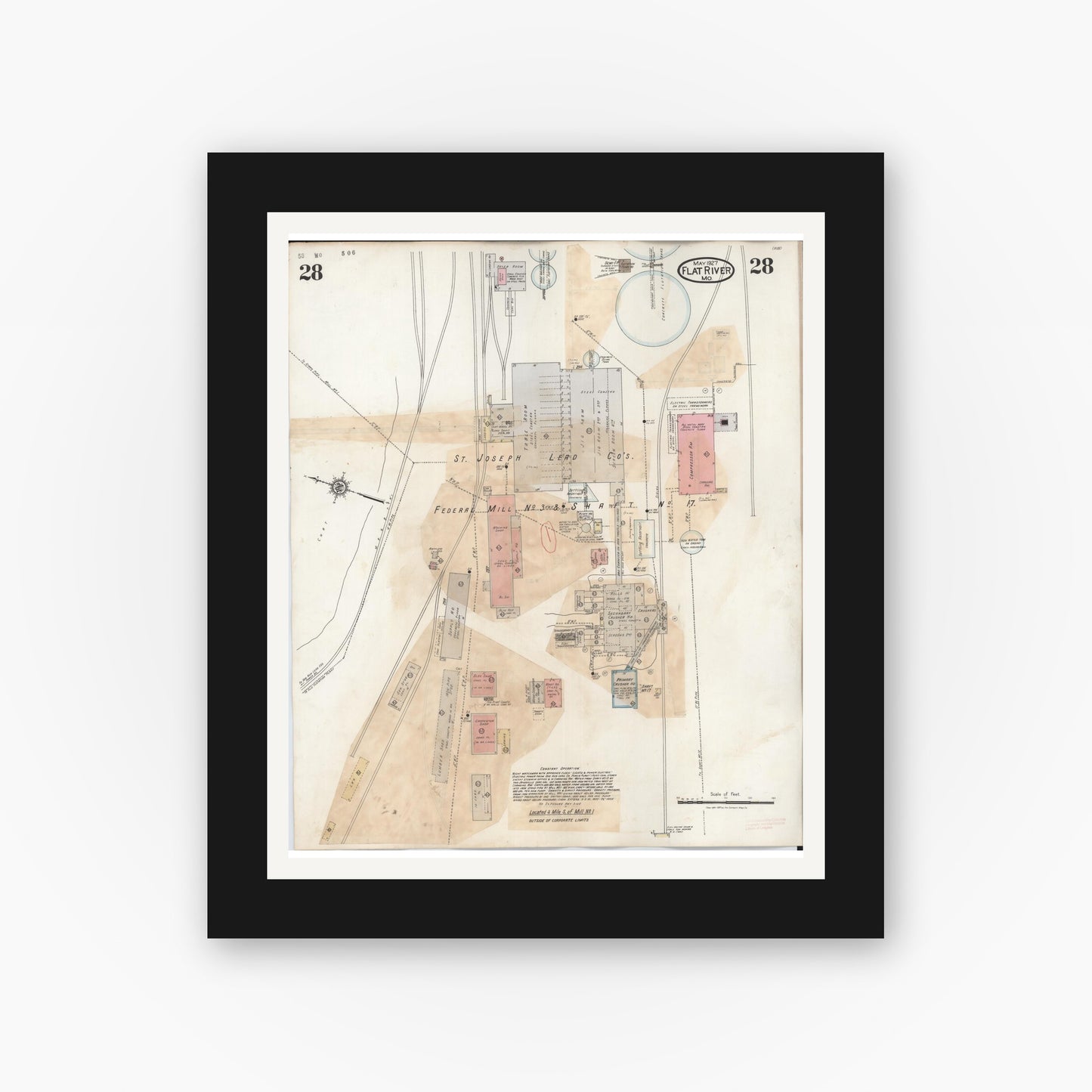 Old map wall art mockup — black gallery frame with white mat — Sanborn Fire Insurance Map from Flat River, Saint Francois County, Missouri (1938), Sheet #0028