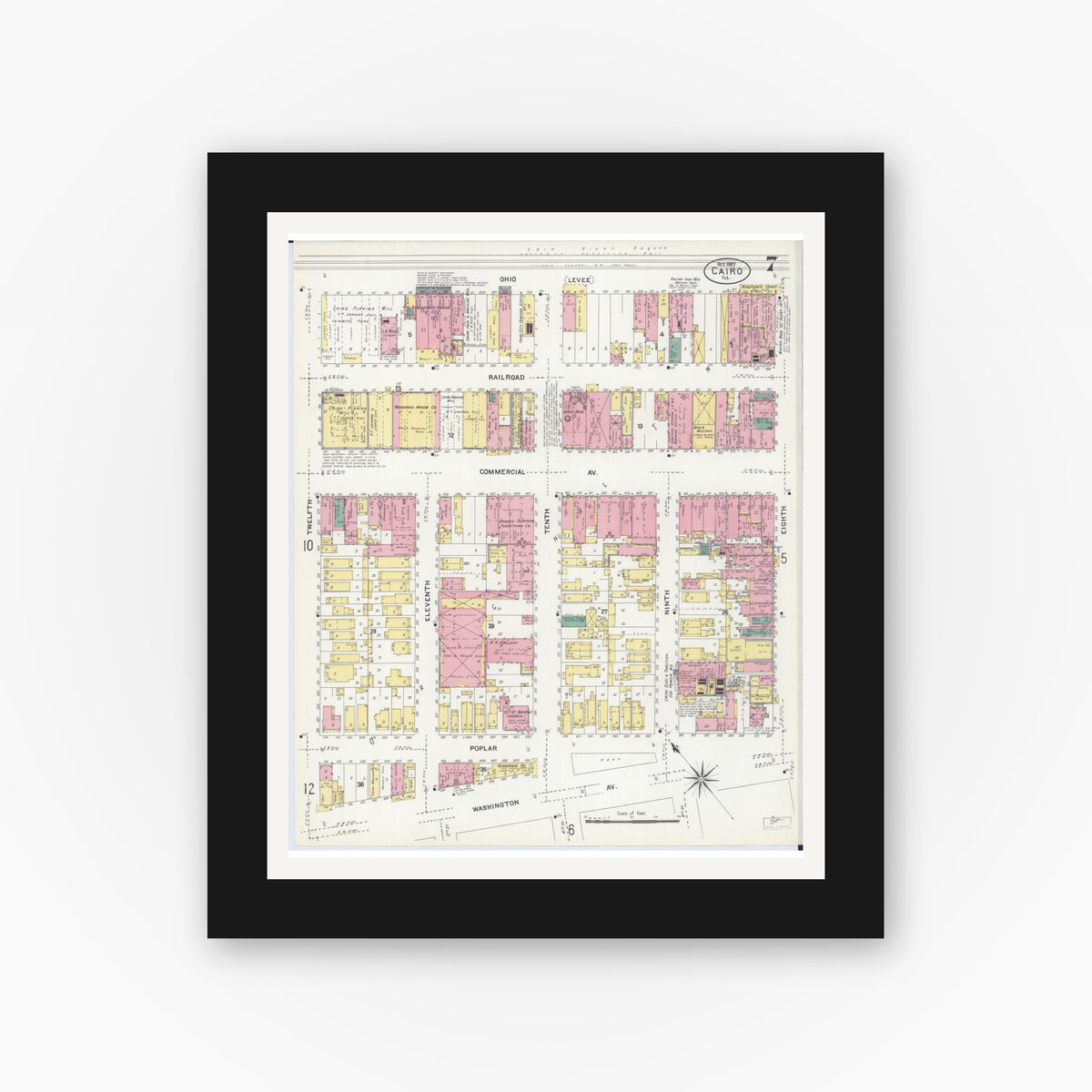 Old map wall art mockup — black gallery frame with white mat — Sanborn Fire Insurance Map from Cairo, Alexander County, Illinois (1907), Sheet #0007