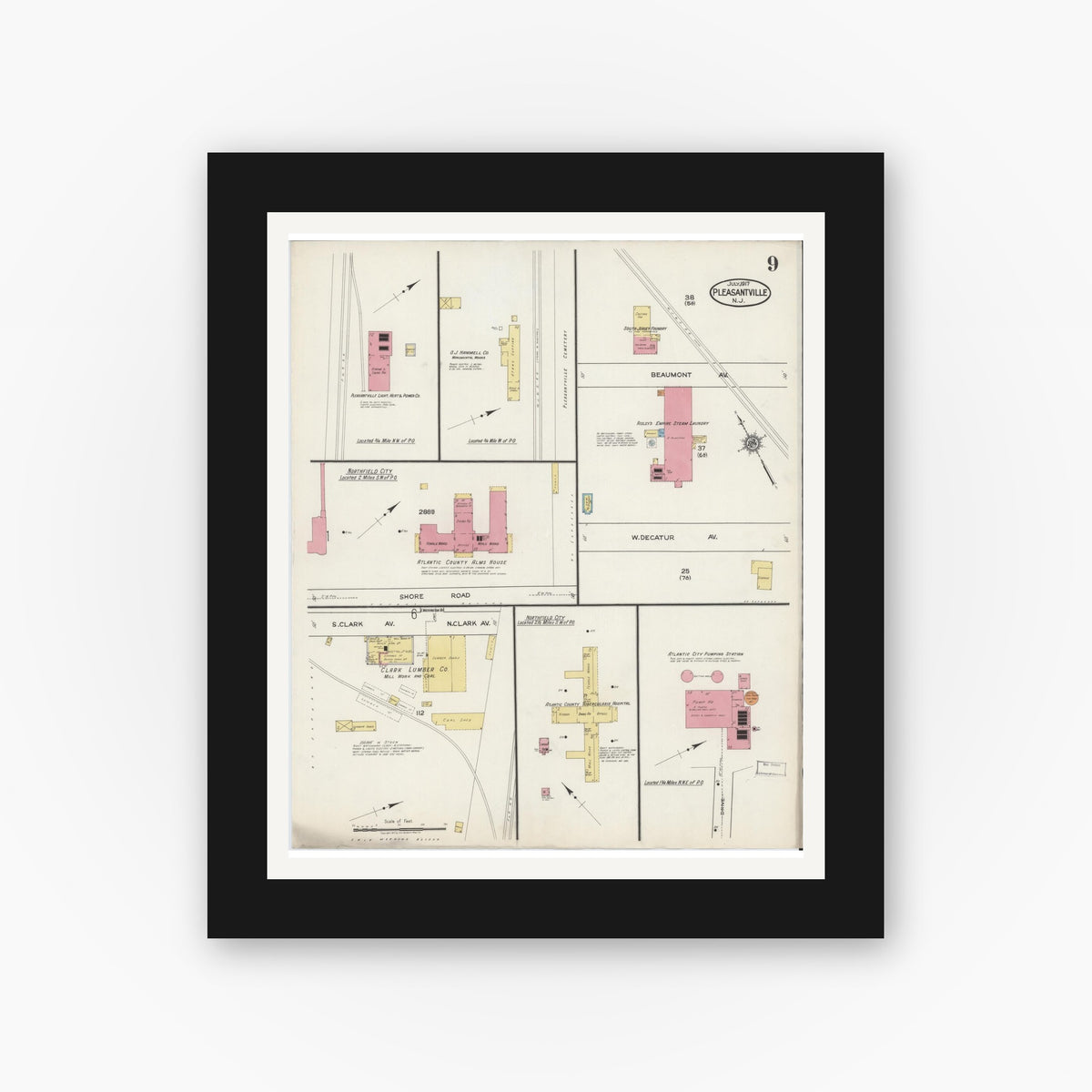 Old map wall art mockup — black gallery frame with white mat — Sanborn Fire Insurance Map from Pleasantville, Atlantic County, New Jersey (1917), Sheet #0009