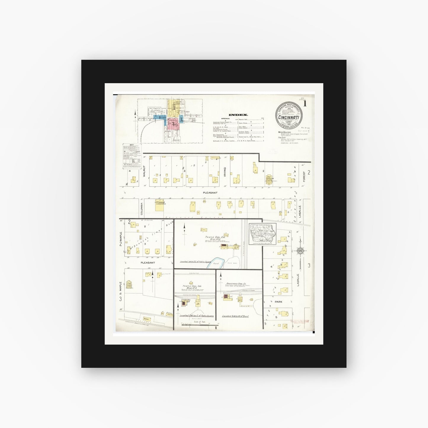 Old map wall art mockup — black gallery frame with white mat — Sanborn Fire Insurance Map from Cincinnati, Appanoose County, Iowa (1913), Sheet #0001