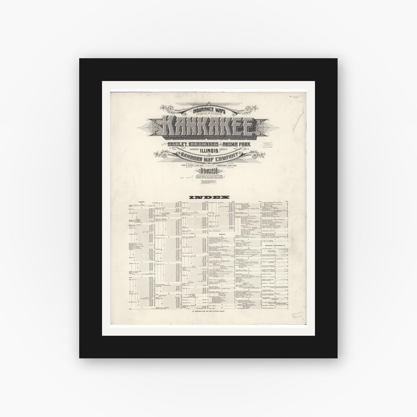 Old map wall art mockup — black gallery frame with white mat — Sanborn Fire Insurance Map from Kankakee, Kankakee County, Illinois (1925), Sheet #0001
