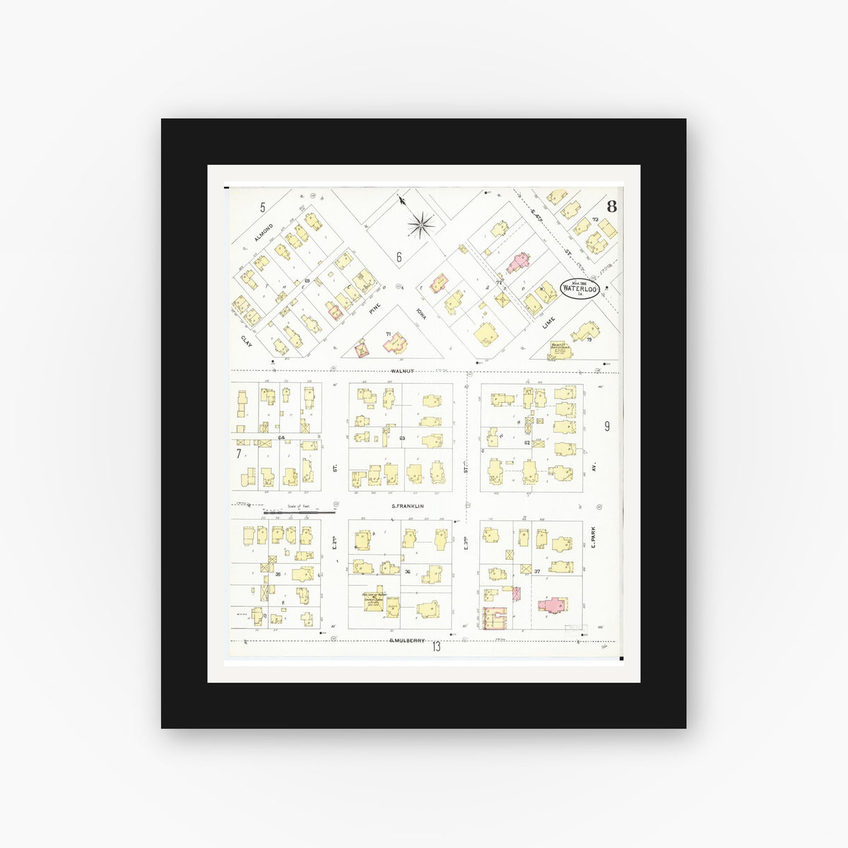 Old map wall art mockup — black gallery frame with white mat — Sanborn Fire Insurance Map from Waterloo, Black Hawk County, Iowa (1906), Sheet #0008