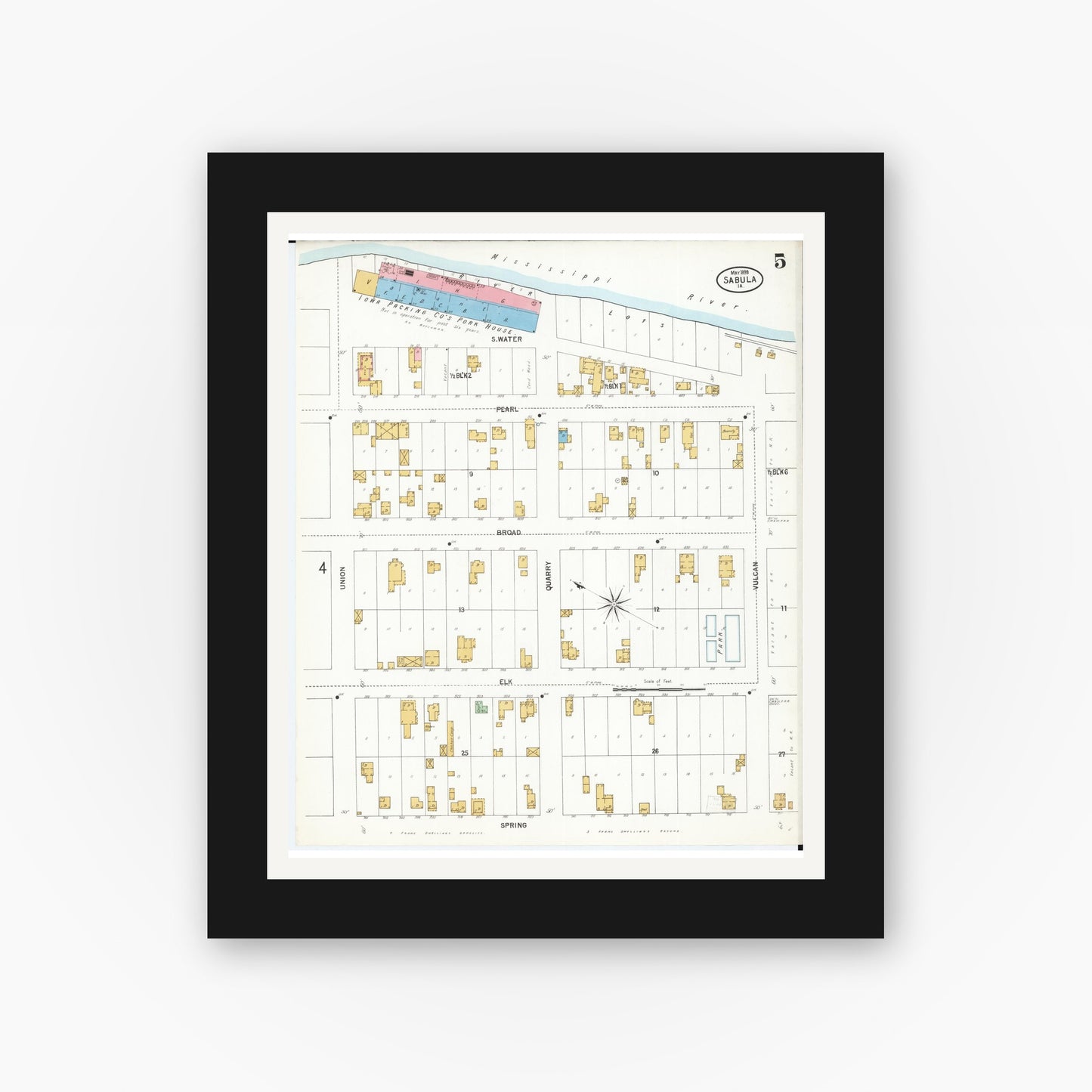 Old map wall art mockup — black gallery frame with white mat — Sanborn Fire Insurance Map from Sabula, Jackson County, Iowa (1899), Sheet #0005