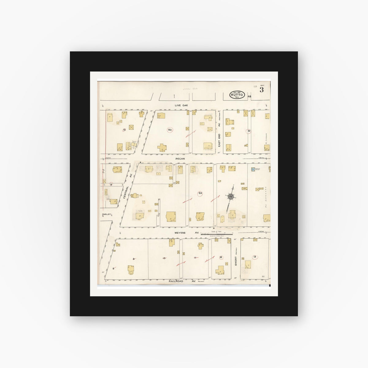 Old map wall art mockup — black gallery frame with white mat — Sanborn Fire Insurance Map from Hutto, Williamson County, Texas (1937), Sheet #0003