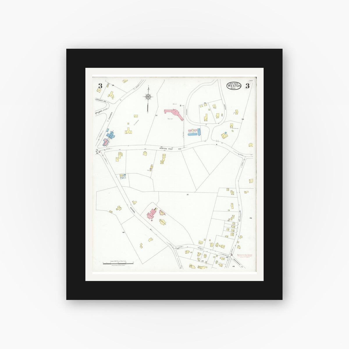 Old map wall art mockup — black gallery frame with white mat — Sanborn Fire Insurance Map from Weston, Middlesex County, Massachusetts (1929), Sheet #0003