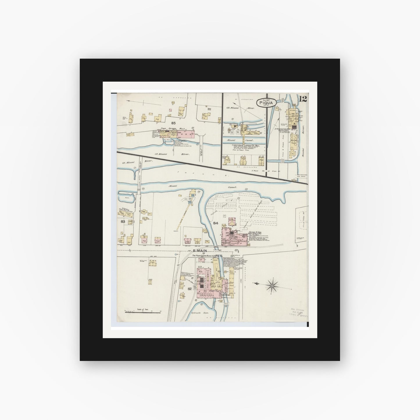 Old map wall art mockup — black gallery frame with white mat — Sanborn Fire Insurance Map from Piqua, Miami County, Ohio (1887), Sheet #0012